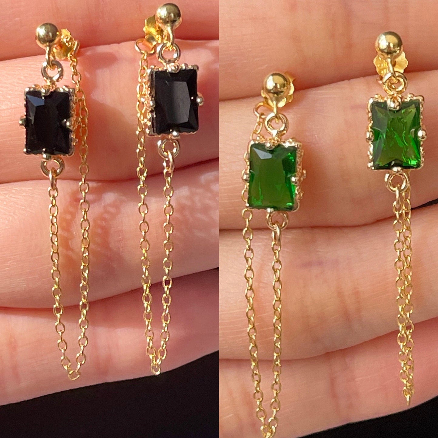 Green Emerald|Black Gemstone Earrings, Interlocking Earrings, 14K Gold Link Chain Cuff Earrings, Threader Earrings, Gothic Vintage Earrings