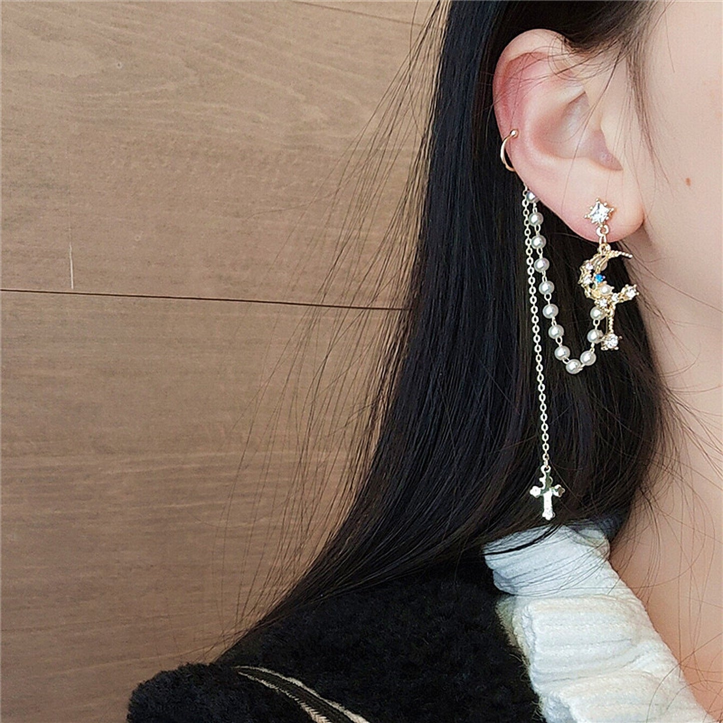 Stunning Crescent Moon Dangle Tassel Ear Wrap Cuff - Golden Star Helix Ear Climber