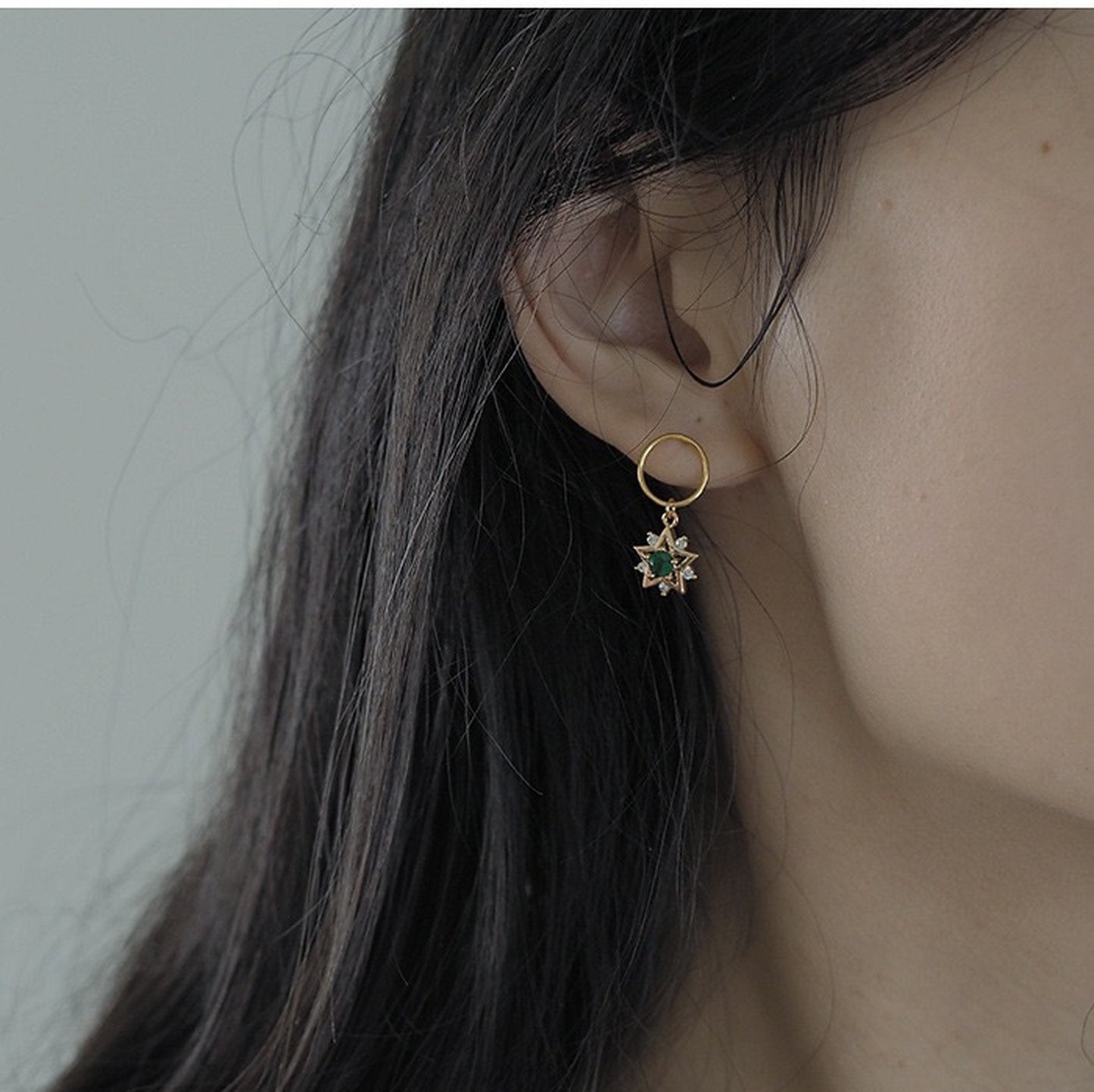 Handmade Emerald Green Golden Star Earrings | North Star Celestial Starburst Hoop Earrings