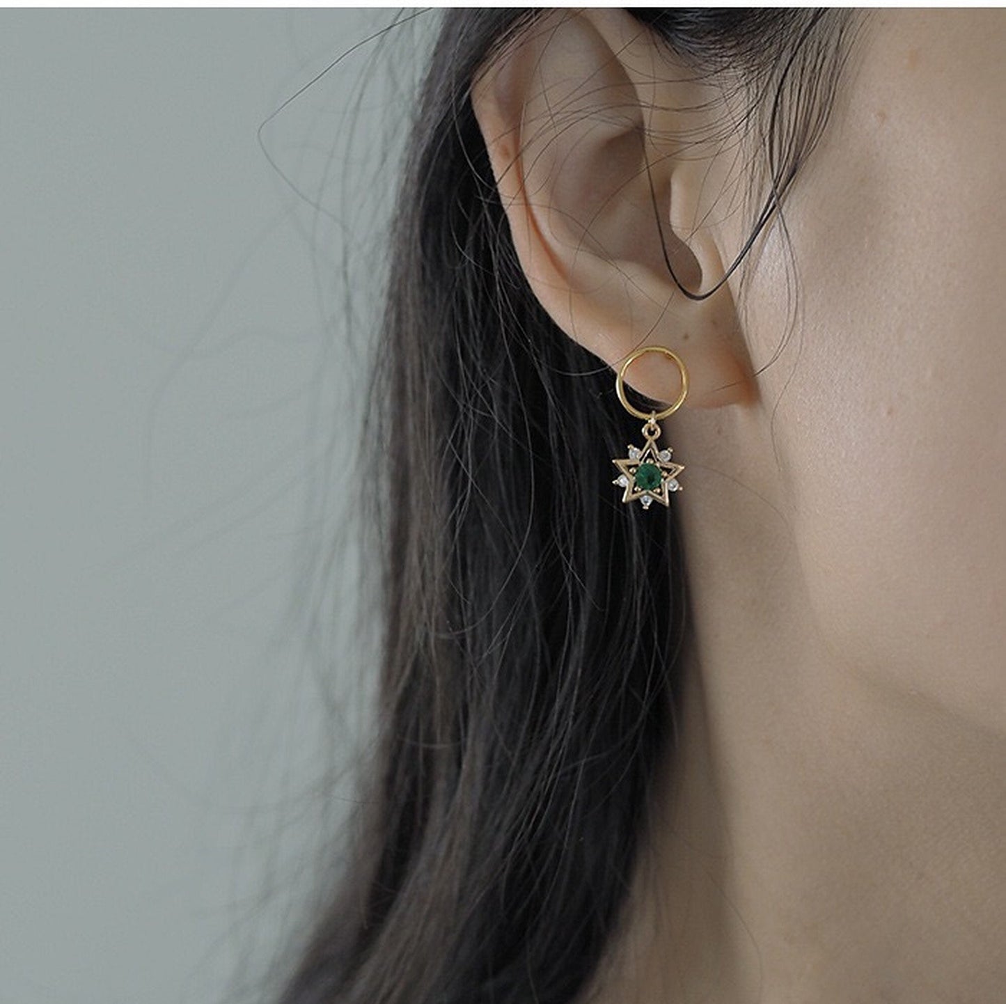 Handmade Emerald Green Golden Star Earrings | North Star Celestial Starburst Hoop Earrings