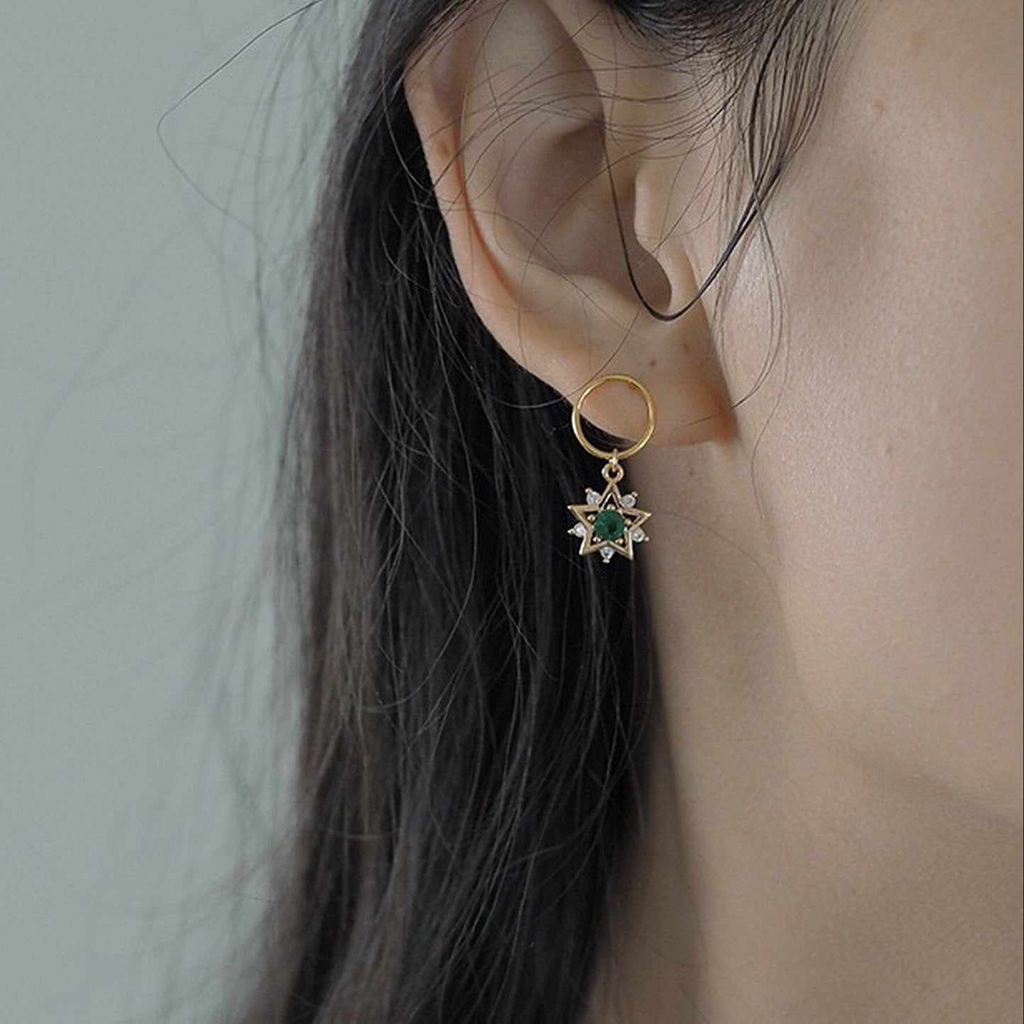 Handmade Emerald Green Golden Star Earrings | North Star Celestial Starburst Hoop Earrings