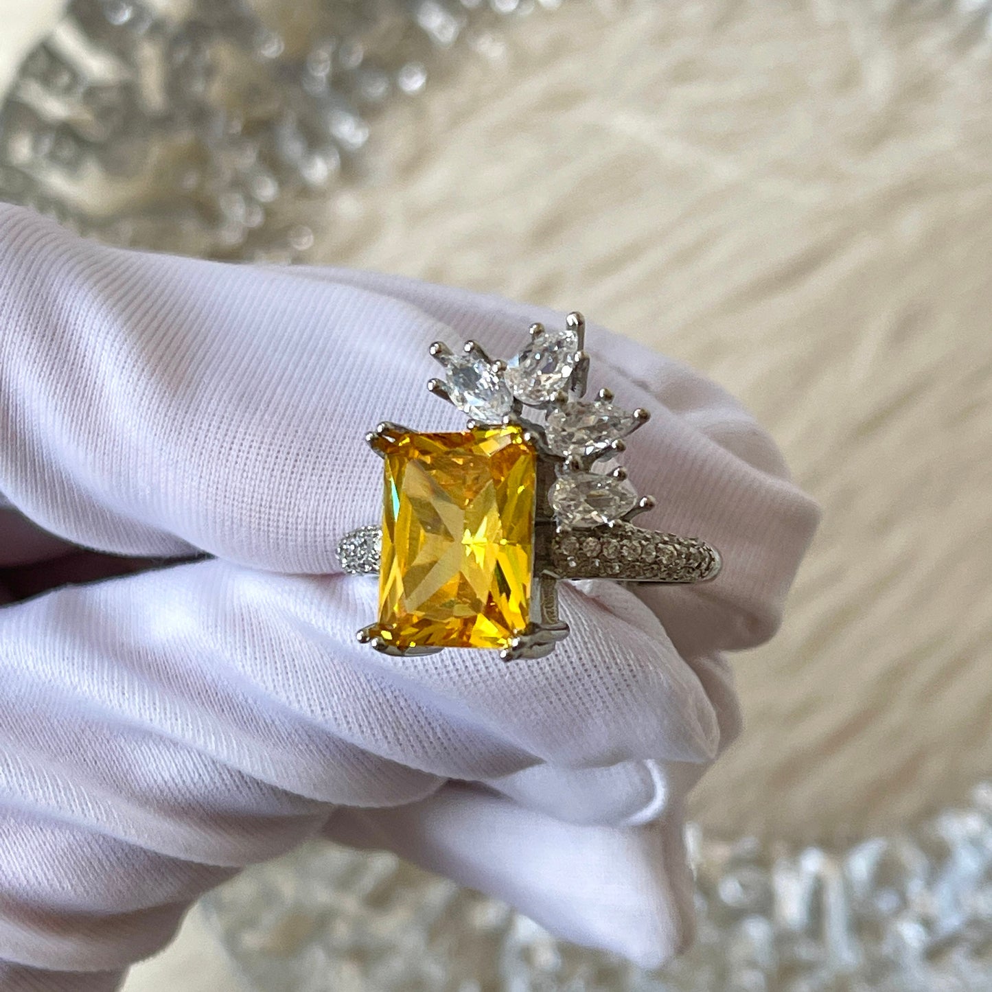 Yellow Diamond Ring, Lab-created Diamond Ring, Celebrity Ring, Vine Leaf Yellow Zircon Ring, Statement Promise Ring, Sterling Silver Ring