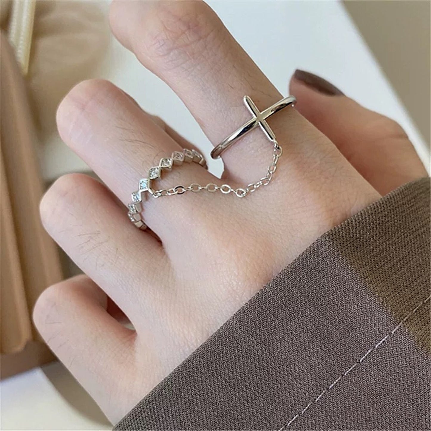 Gothic Cross Rings, Link Chain Rings, Double Duo Rings, Knuckle Ring, Punk Rings, Silver Cross Ring, Cool Ring, Streetwear Ring, Y2K Ring