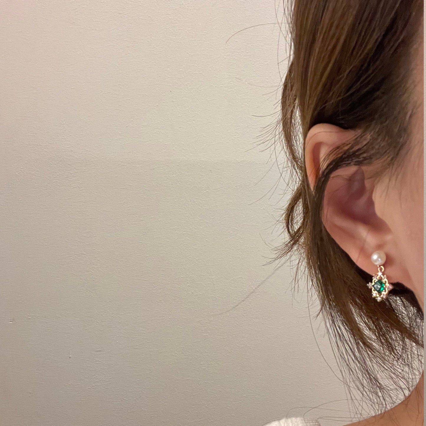 2-Way Natural Pearl Green Emerald Gold Lace Earrings | Handmade Luxury Dainty Jewelry