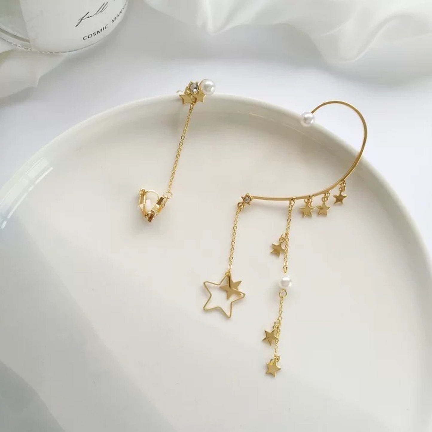Mismatched Golden Star Ear Climber Crawler | No Piercing Helix Conch Dangle Cuff Wrap