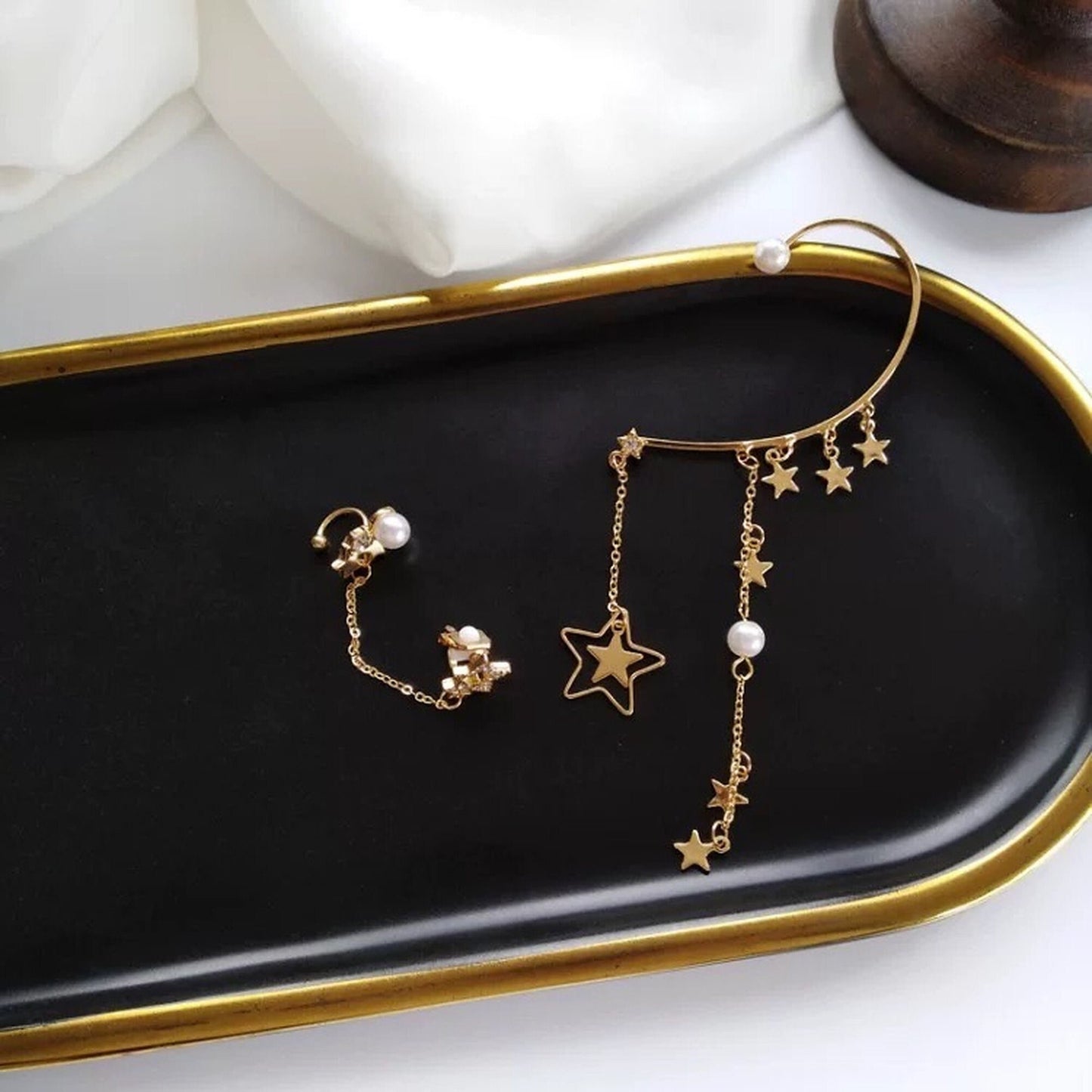 Mismatched Golden Star Ear Climber Crawler | No Piercing Helix Conch Dangle Cuff Wrap
