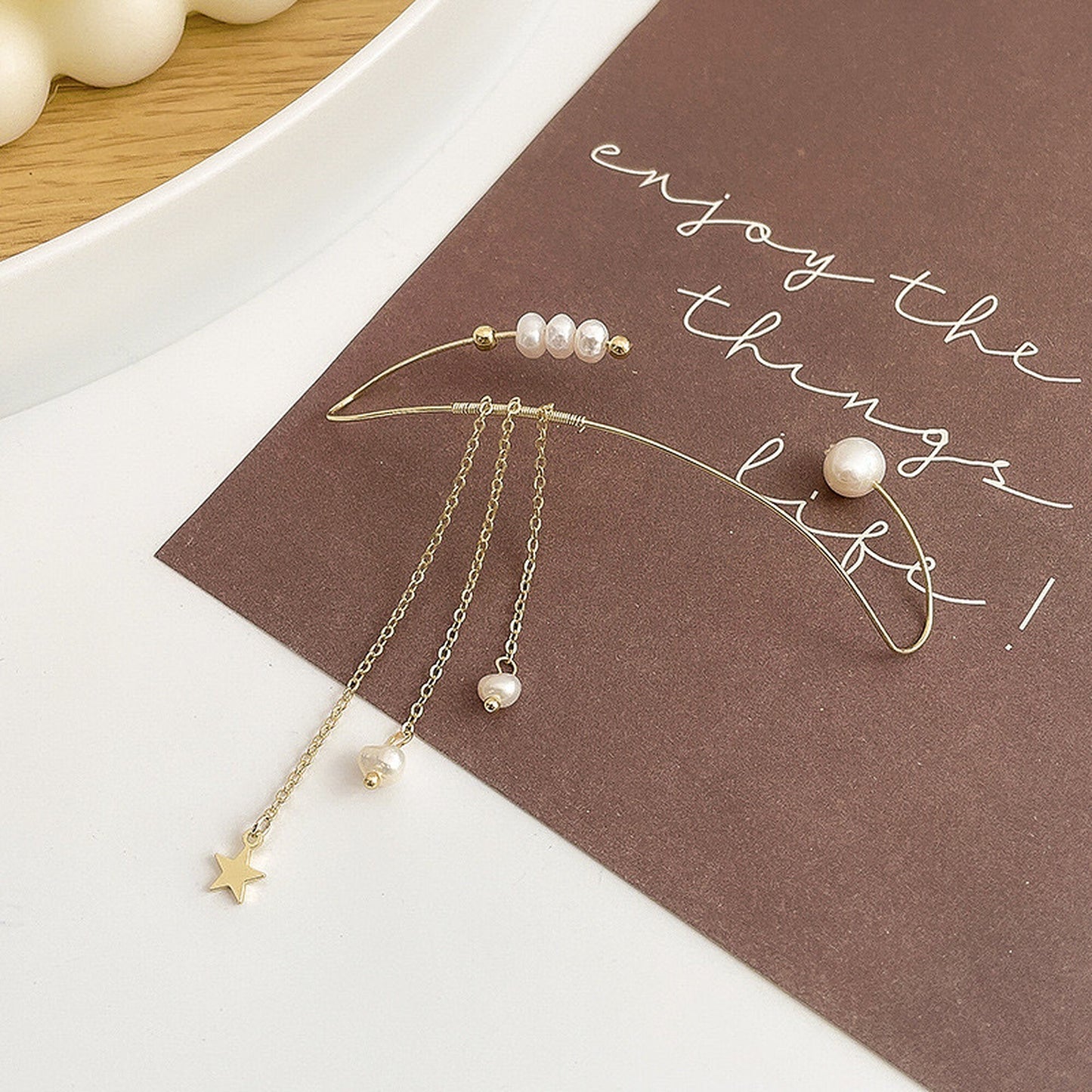 Bohemian Non Pierced Pearl Dangle Full Ear Wrap | Golden Star Long Dangle Helix Cuff Earrings