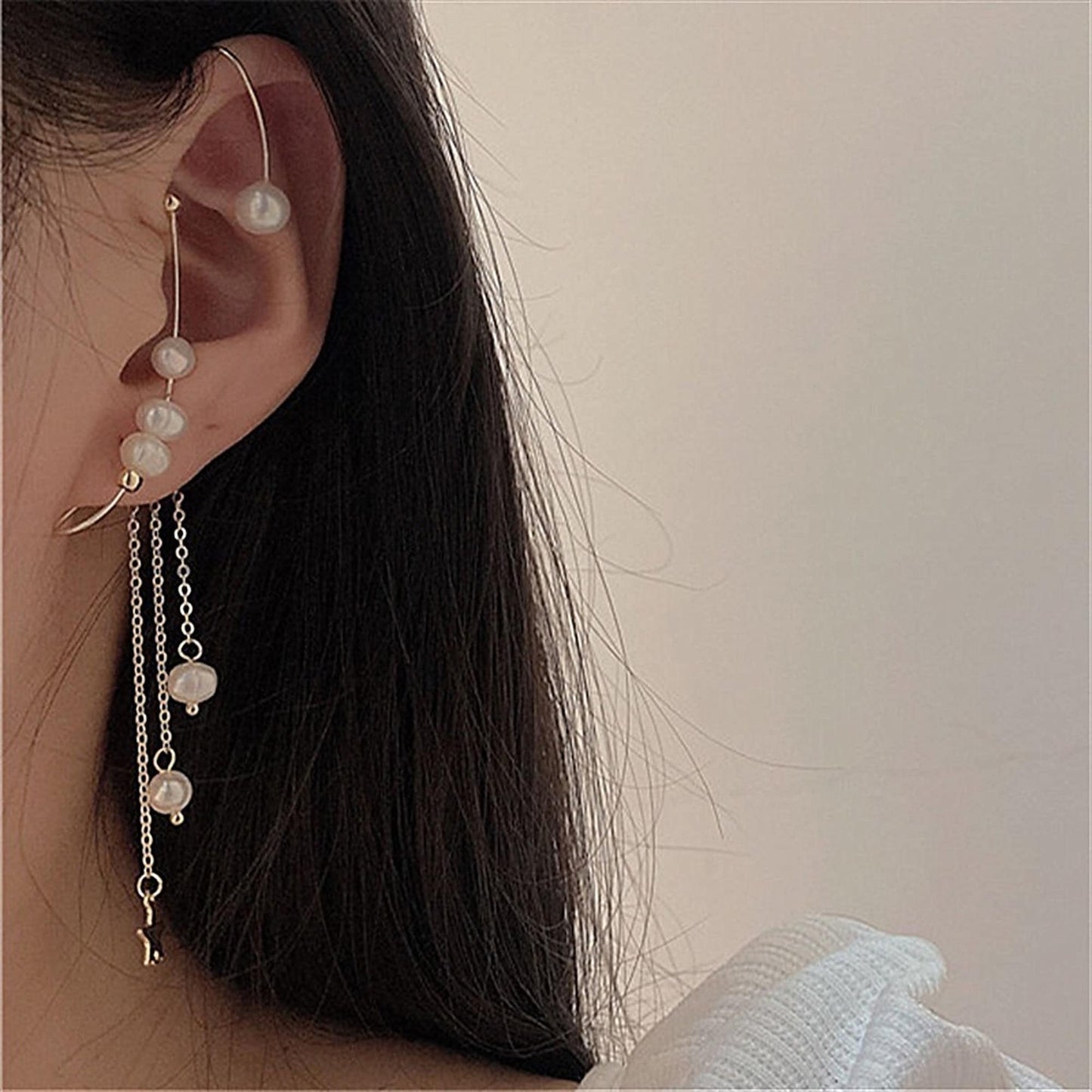 Bohemian Non Pierced Pearl Dangle Full Ear Wrap | Golden Star Long Dangle Helix Cuff Earrings