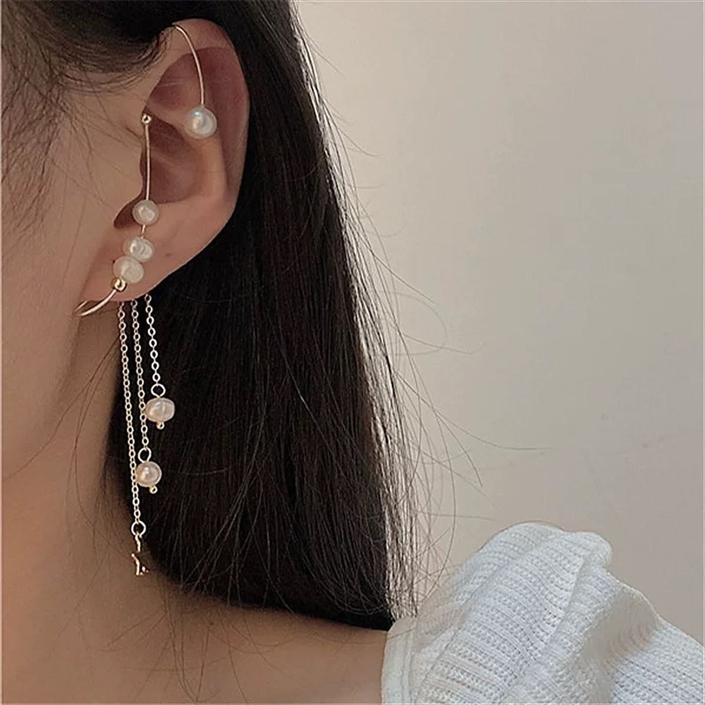 Bohemian Non Pierced Pearl Dangle Full Ear Wrap | Golden Star Long Dangle Helix Cuff Earrings
