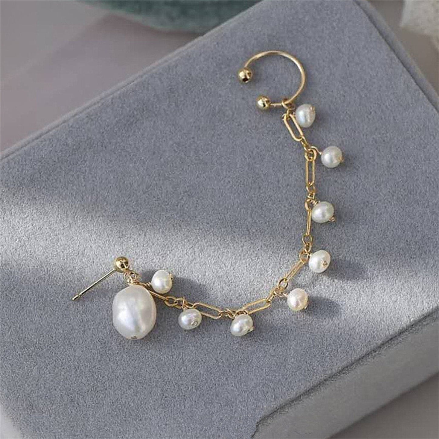 Handmade Freshwater Pearl Gold Dangle Chain Cuff Earrings - Conch Helix Ear Climbers