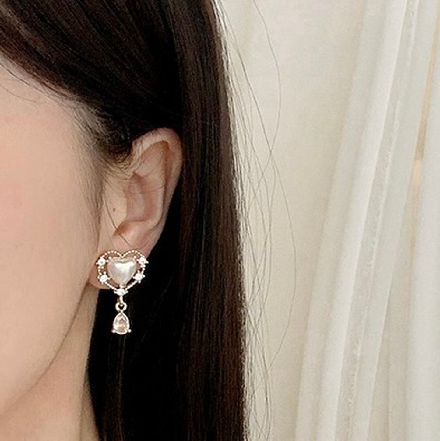 Romantic Pearl Heart Teardrop Earrings - Gold Lace Heart Dangle Earrings