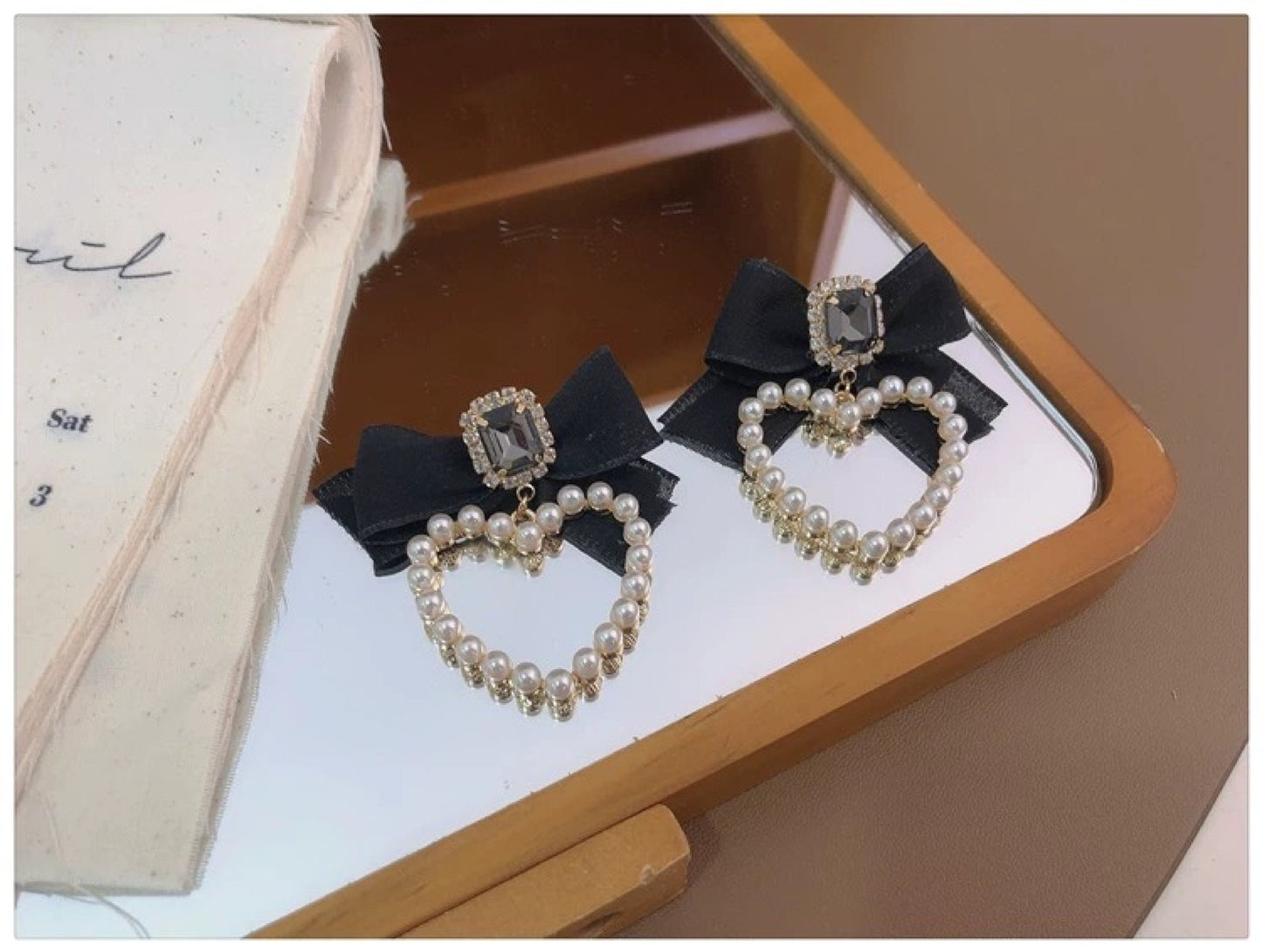 Balletcore Black Silk Ribbon Earrings | Bow Statement Pearl Heart Hoop Earrings