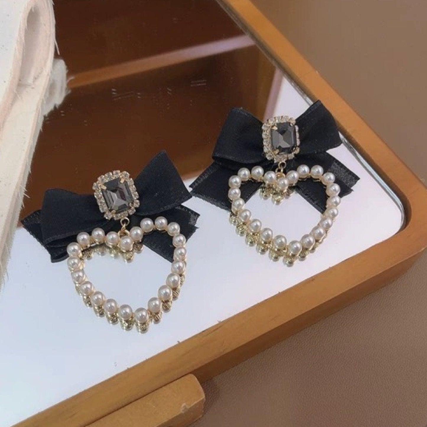 Balletcore Black Silk Ribbon Earrings | Bow Statement Pearl Heart Hoop Earrings