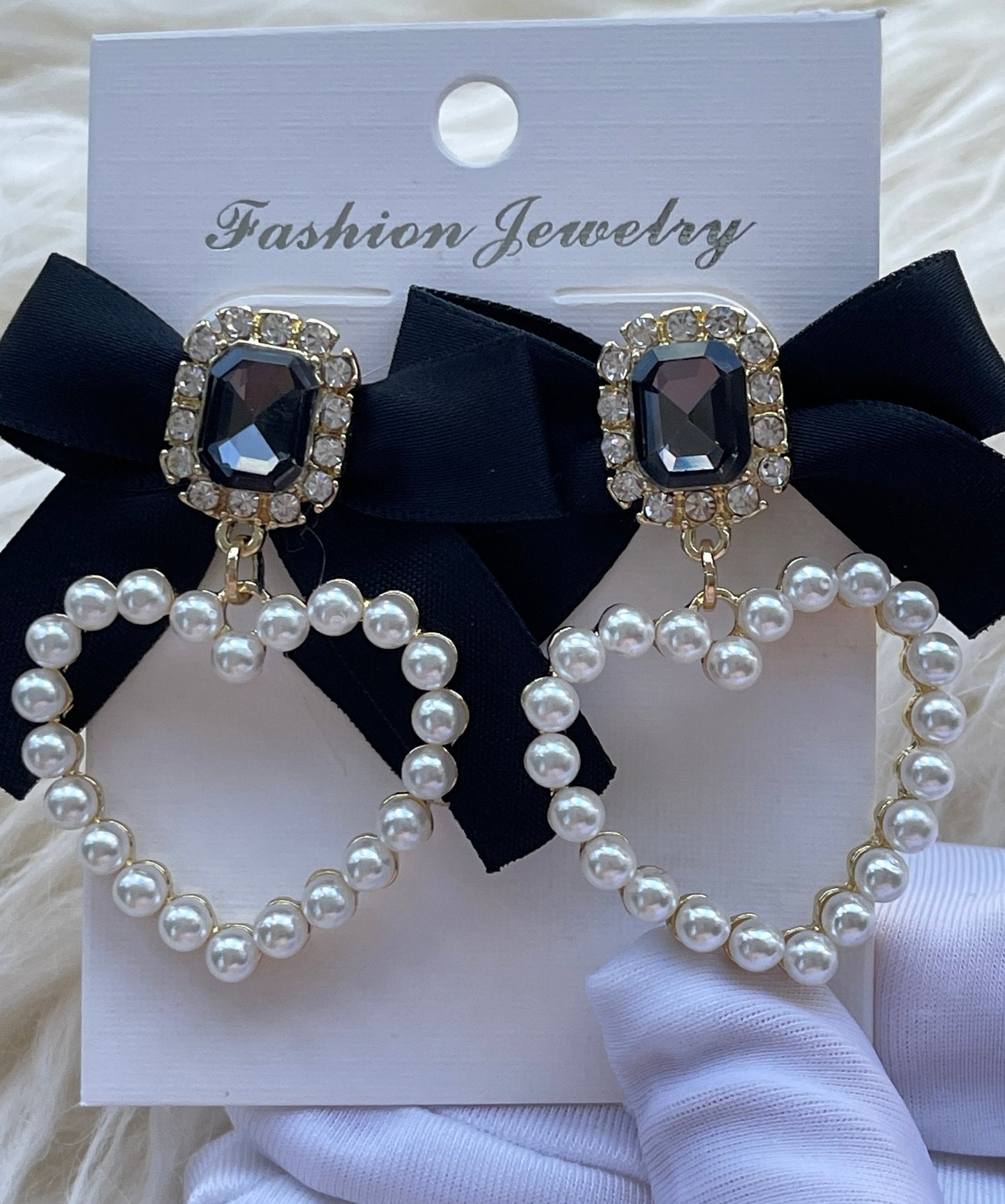 Balletcore Black Silk Ribbon Earrings | Bow Statement Pearl Heart Hoop Earrings