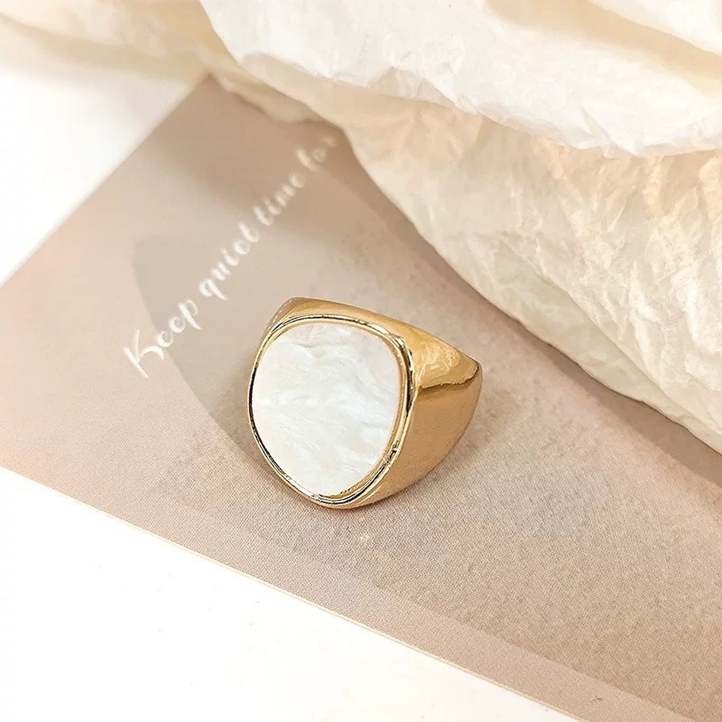 Mother of Pearl White Statement Signet ring - Chunky Fashion Cocktail Ring - Energy Power