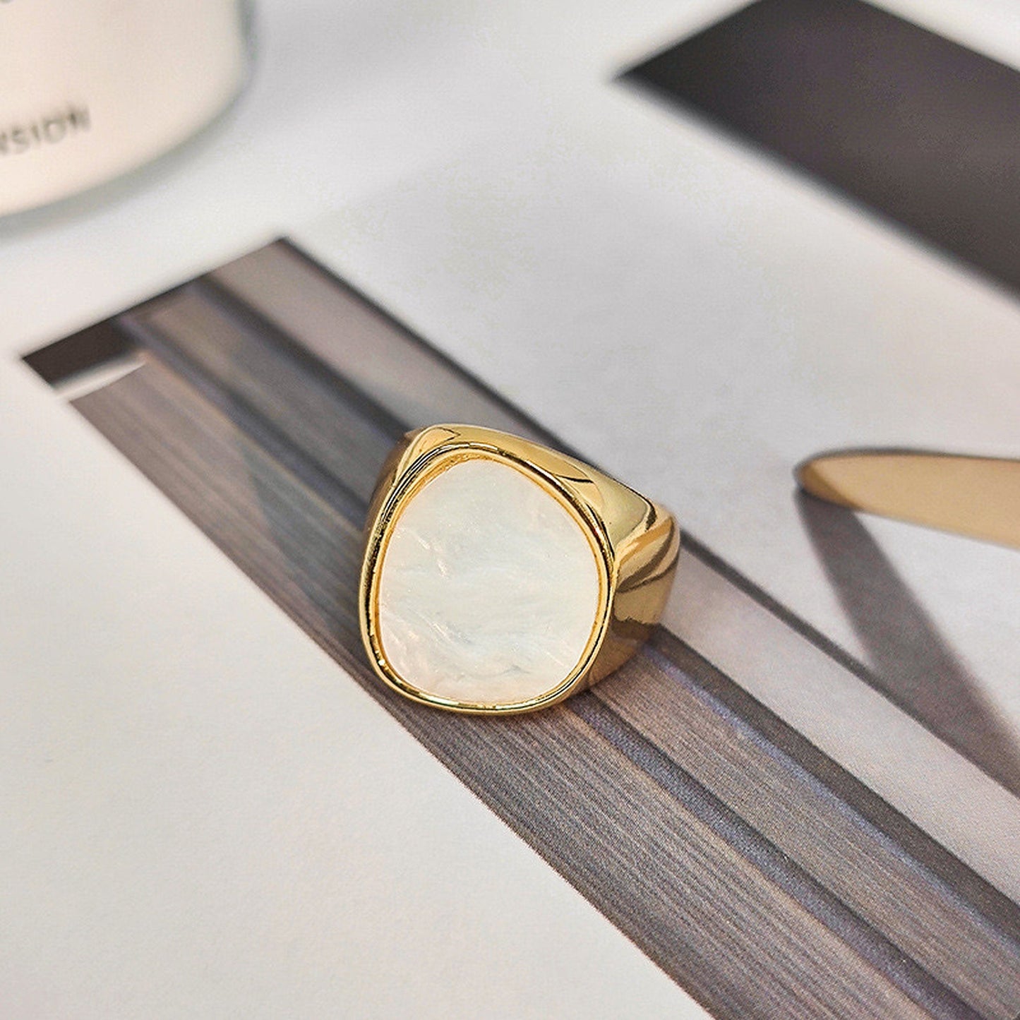 Mother of Pearl White Statement Signet ring - Chunky Fashion Cocktail Ring - Energy Power