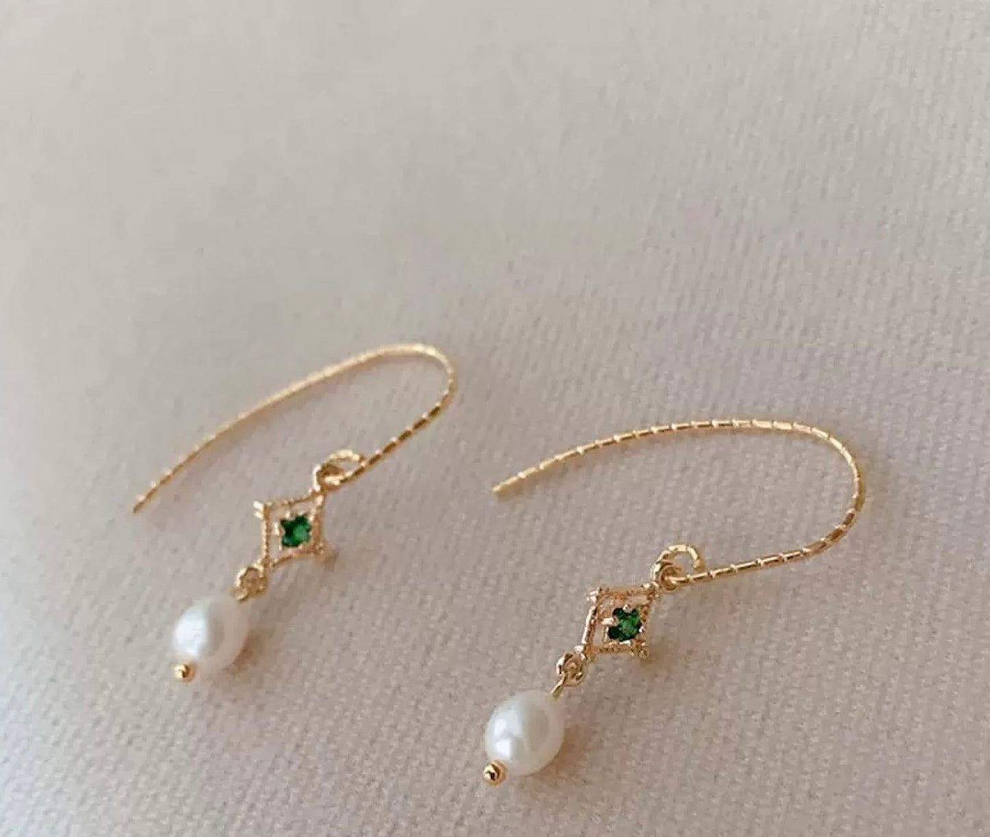 Green Emerald Pearl Dangle Gold Lace Earrings | Handmade Dainty Emerald Ear Wire Earrings