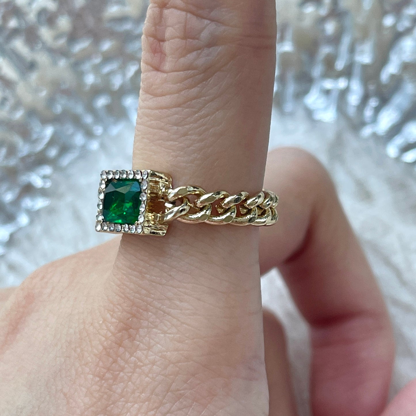 Emerald Green Gold Cuban Chunky Ring | Rectangle Green Emerald Nature Energy Ring