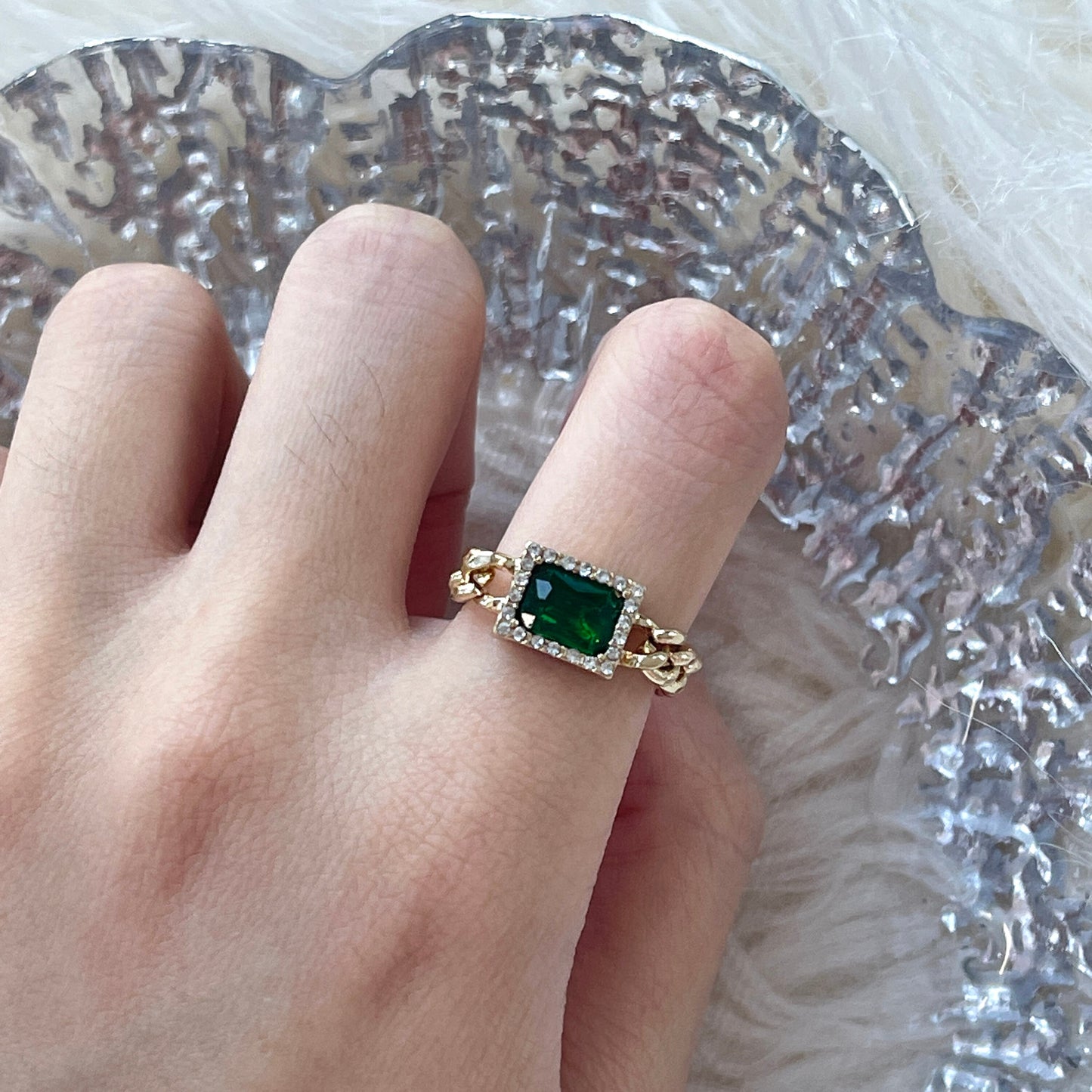 Emerald Green Gold Cuban Chunky Ring | Rectangle Green Emerald Nature Energy Ring