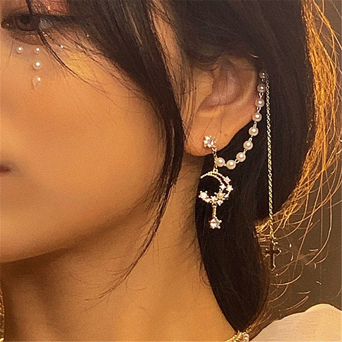 Stunning Crescent Moon Dangle Tassel Ear Wrap Cuff - Golden Star Helix Ear Climber