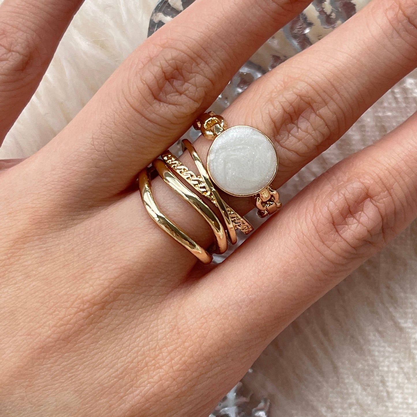 Gold stacking ring set, white enamel glaze ring, twist vine ring, modern minimalist ring, signet ring, chunky ring, everyday ring, open ring