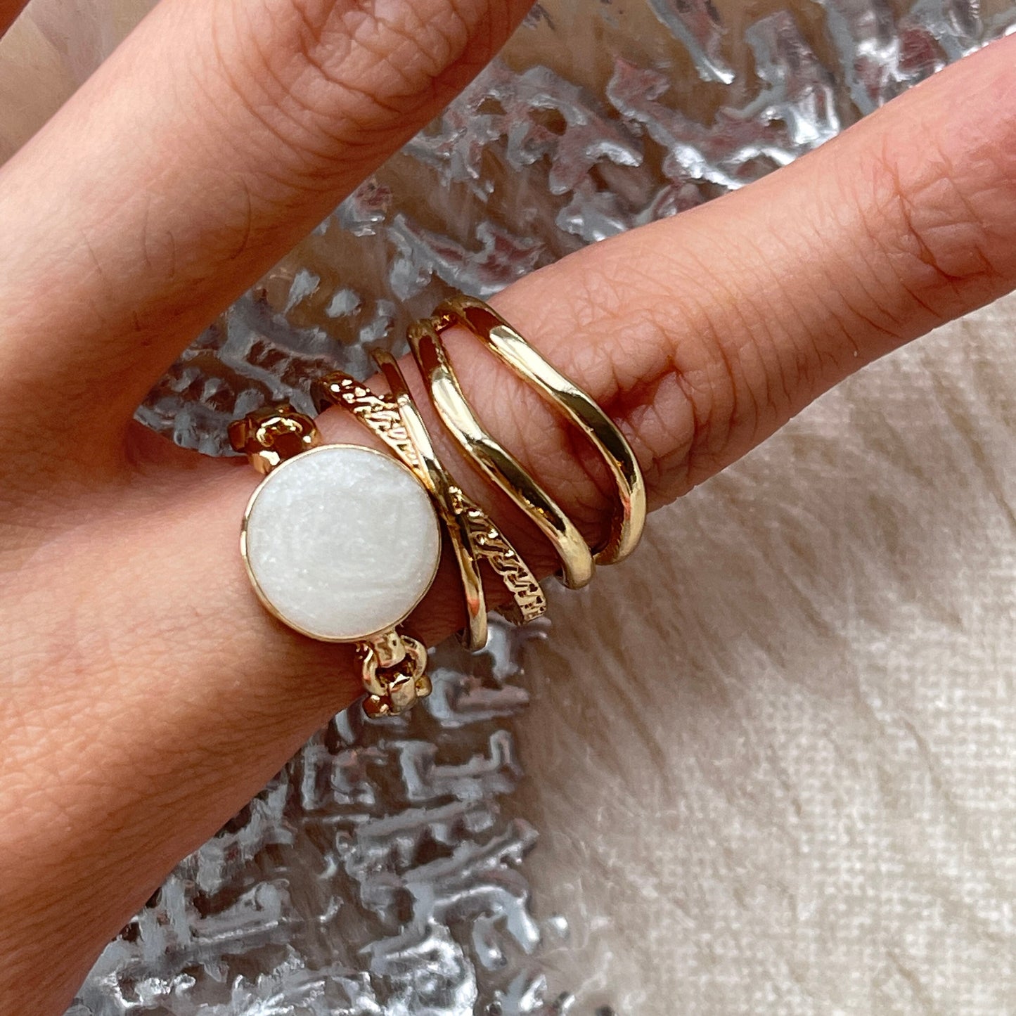 Gold stacking ring set, white enamel glaze ring, twist vine ring, modern minimalist ring, signet ring, chunky ring, everyday ring, open ring