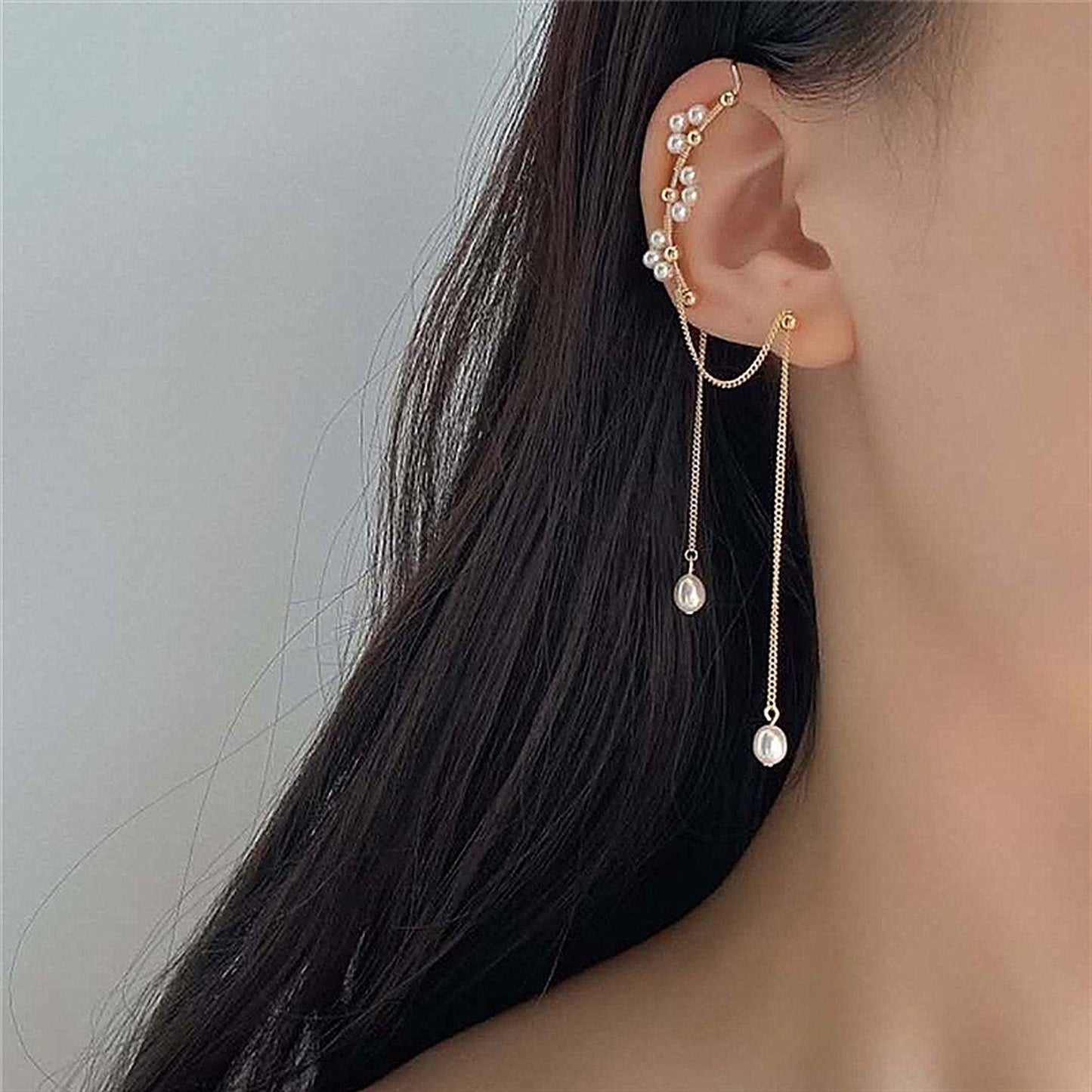 Handmade Natural Pearl Floral Ear Wrap | Multi Layer Dangle Cuff Earrings | Bridesmaid Wedding Earrings