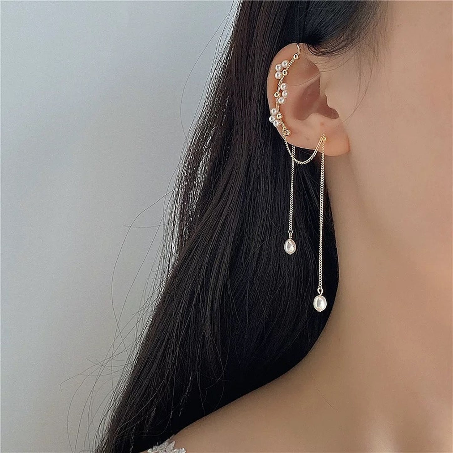 Handmade Natural Pearl Floral Ear Wrap | Multi Layer Dangle Cuff Earrings | Bridesmaid Wedding Earrings