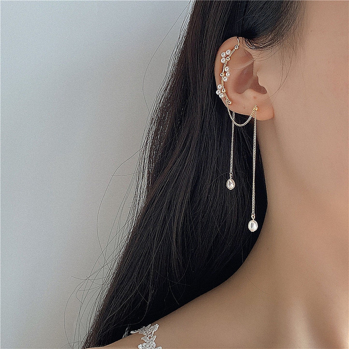 Handmade Natural Pearl Floral Ear Wrap | Multi Layer Dangle Cuff Earrings | Bridesmaid Wedding Earrings