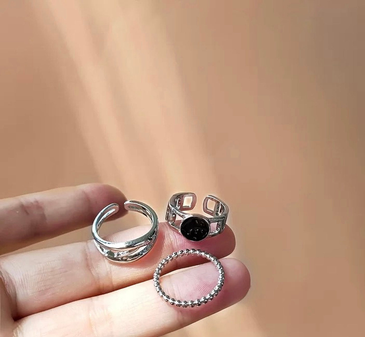 Stackable ring set, Silver chunky ring, Black gothic ring, Punk Fashion Ring, Multi layer ring, Vine ring, Statement ring, Y2K open ring set