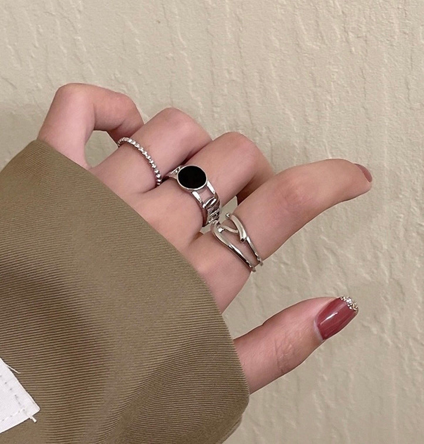 Stackable ring set, Silver chunky ring, Black gothic ring, Punk Fashion Ring, Multi layer ring, Vine ring, Statement ring, Y2K open ring set