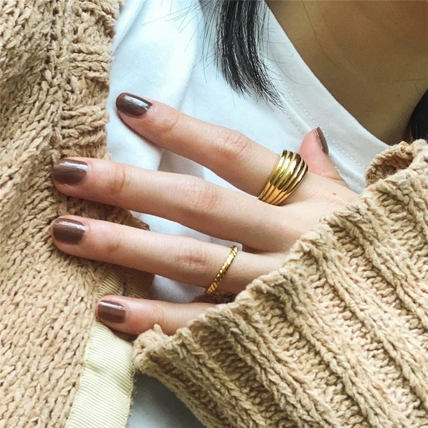 Unisex Chunky Gold Ring Set - Cuban Wide Band Signet Statement Cocktail Rings