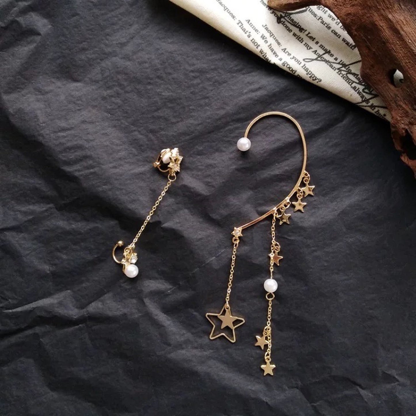 Mismatched Golden Star Ear Climber Crawler | No Piercing Helix Conch Dangle Cuff Wrap