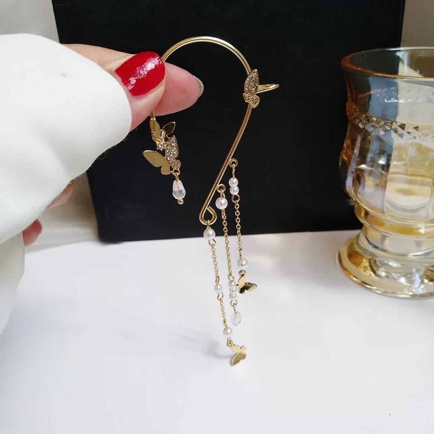 No Pierce Gold Butterfly Dangle Ear Wrap | Bohemian Long Pearl Tassel Charm Ear Climber Cuff