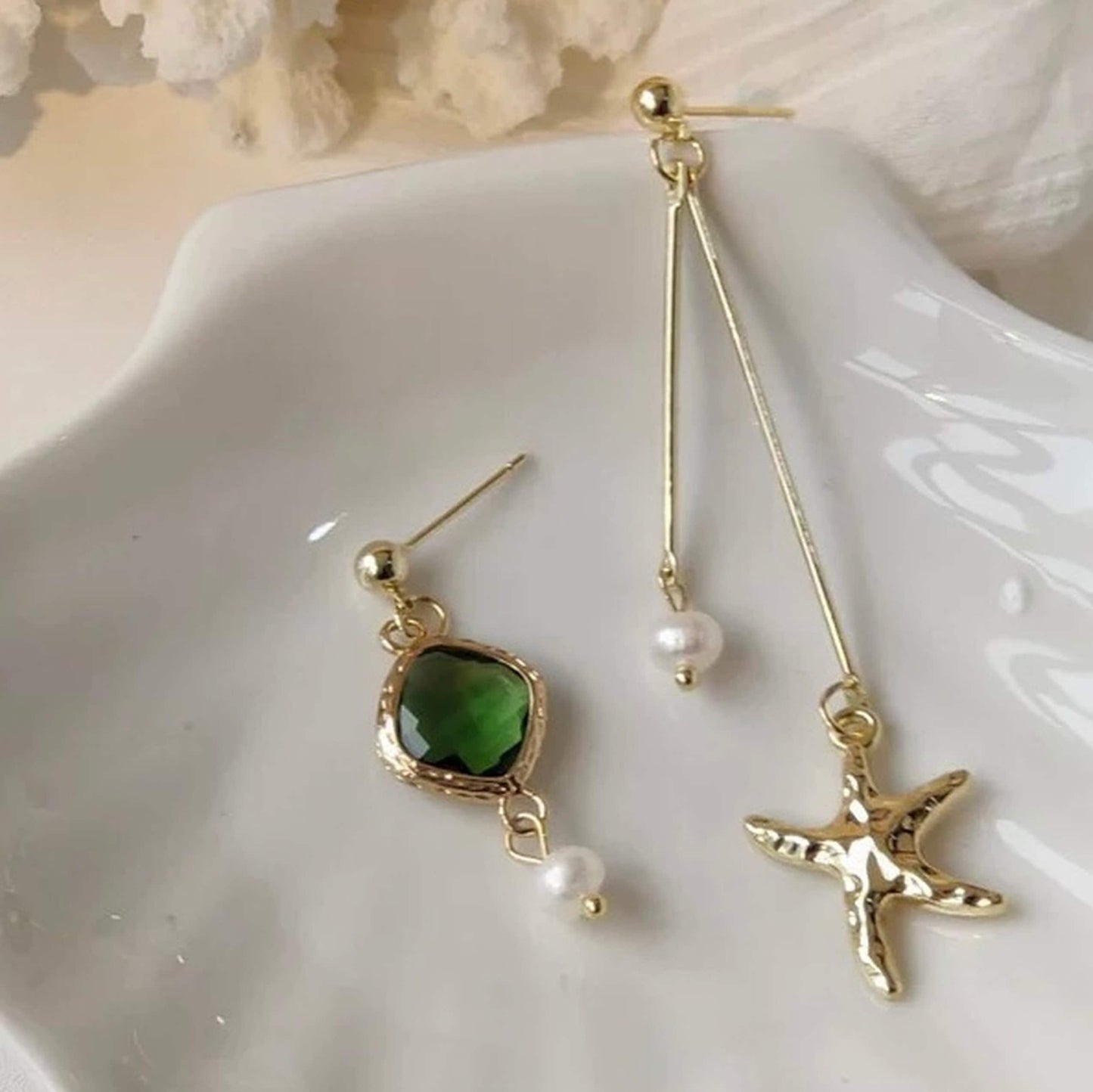 Asymmetrical Green Gemstone Pearl Drop Earrings | Golden Star Ocean Sea Star Dangle Earrings