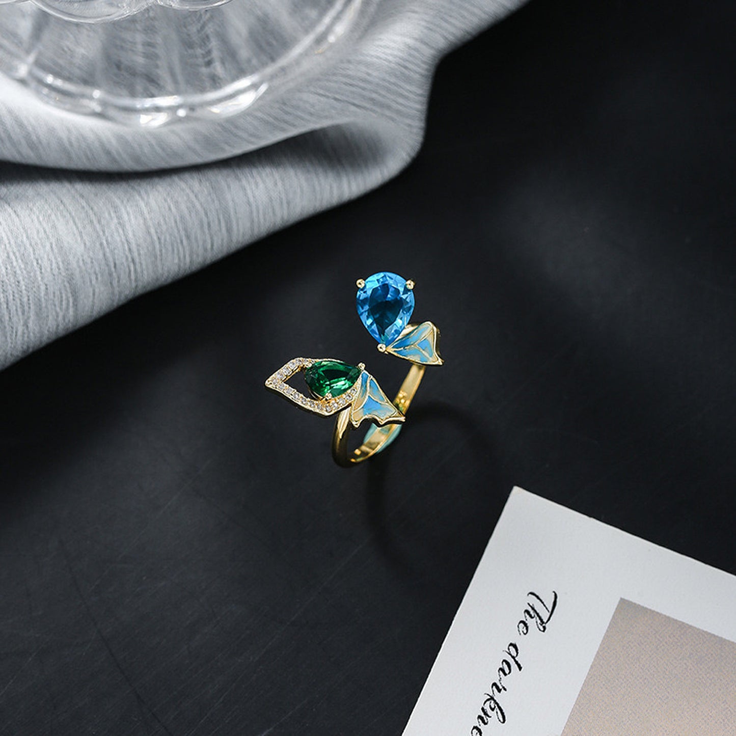 Flying Butterfly Gold Lace Ring | Beautiful Green Blue Crystal Statement Ring