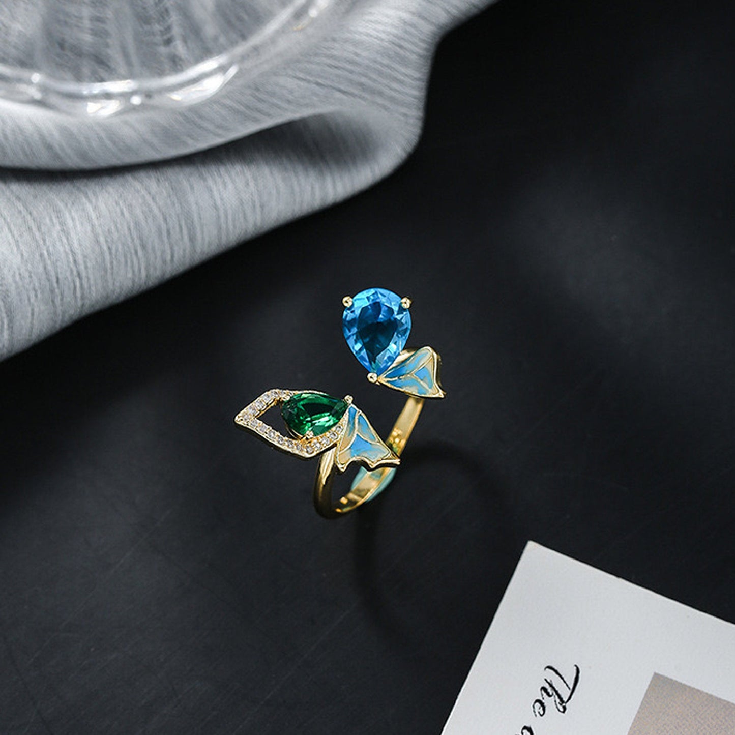 Flying Butterfly Gold Lace Ring | Beautiful Green Blue Crystal Statement Ring