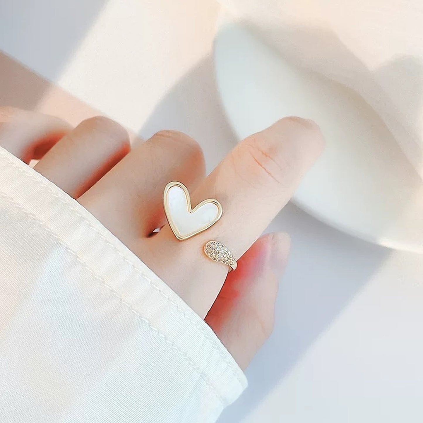 Mother of Pearl Gold Heart Cocktail Ring - Open Shell White Chunky Ring