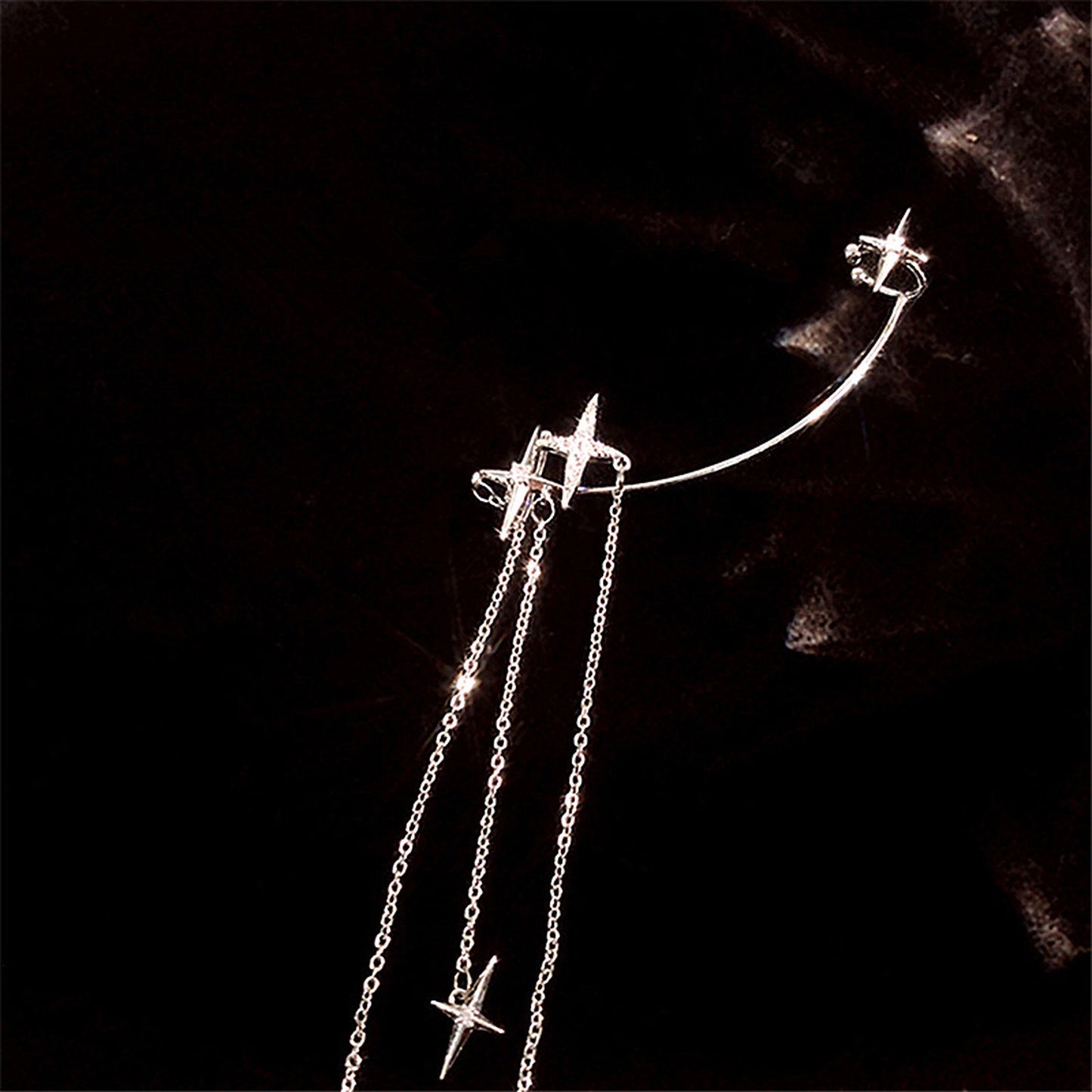 North Star Dangle No Piercing Ear Cuff | Silver Starburst Cluster Long Tassels Earrings
