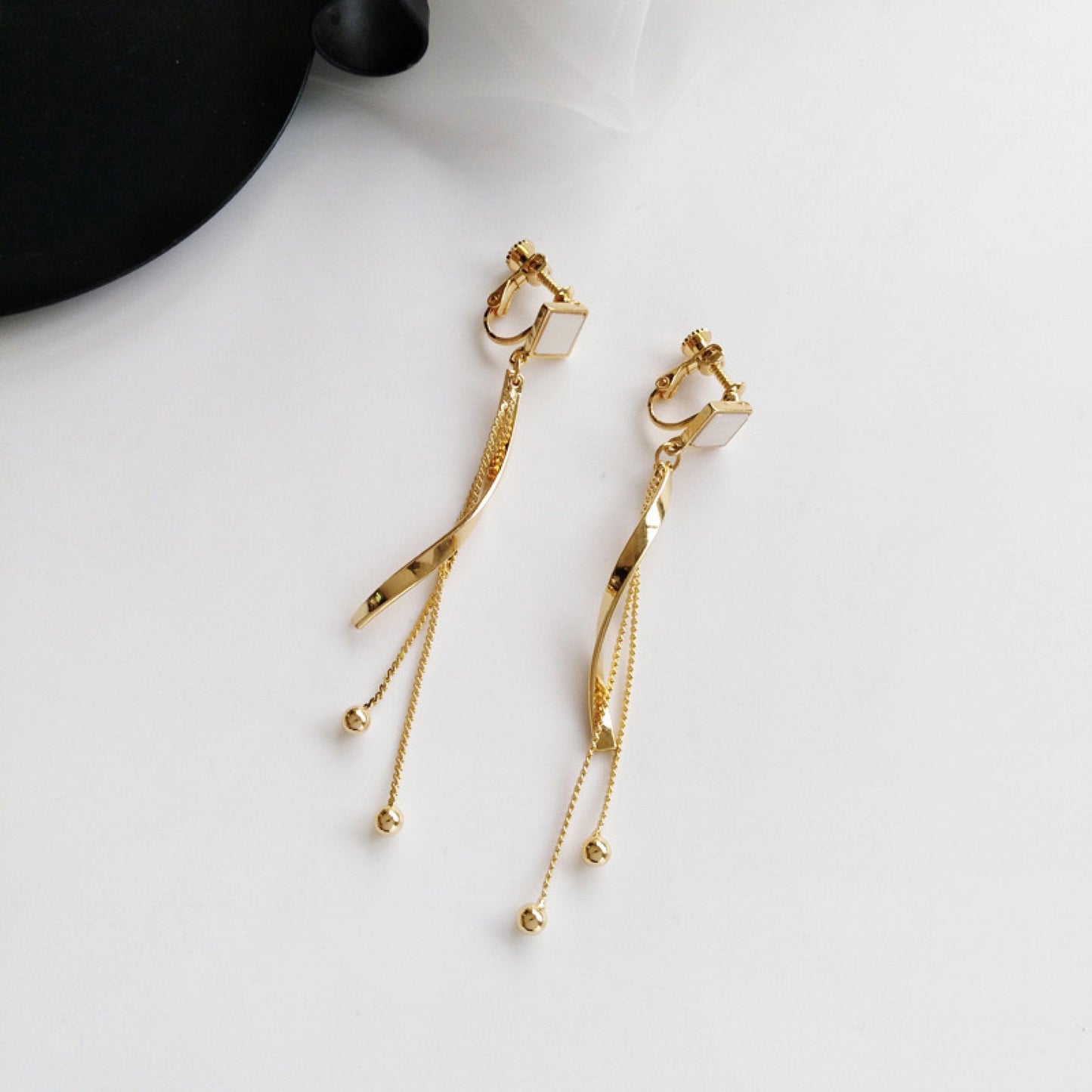 Spiral Dangle earrings, Geometrical Earrings, Gold Corkscrew Earrings, Long Fringed Drop, Wave Earrings, White Enamel Earrings, Minimalist