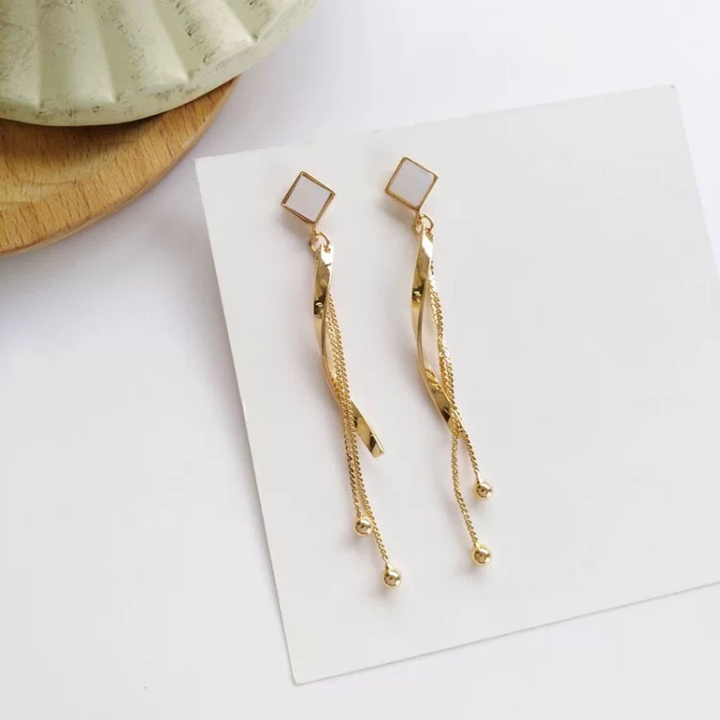 Spiral Dangle earrings, Geometrical Earrings, Gold Corkscrew Earrings, Long Fringed Drop, Wave Earrings, White Enamel Earrings, Minimalist