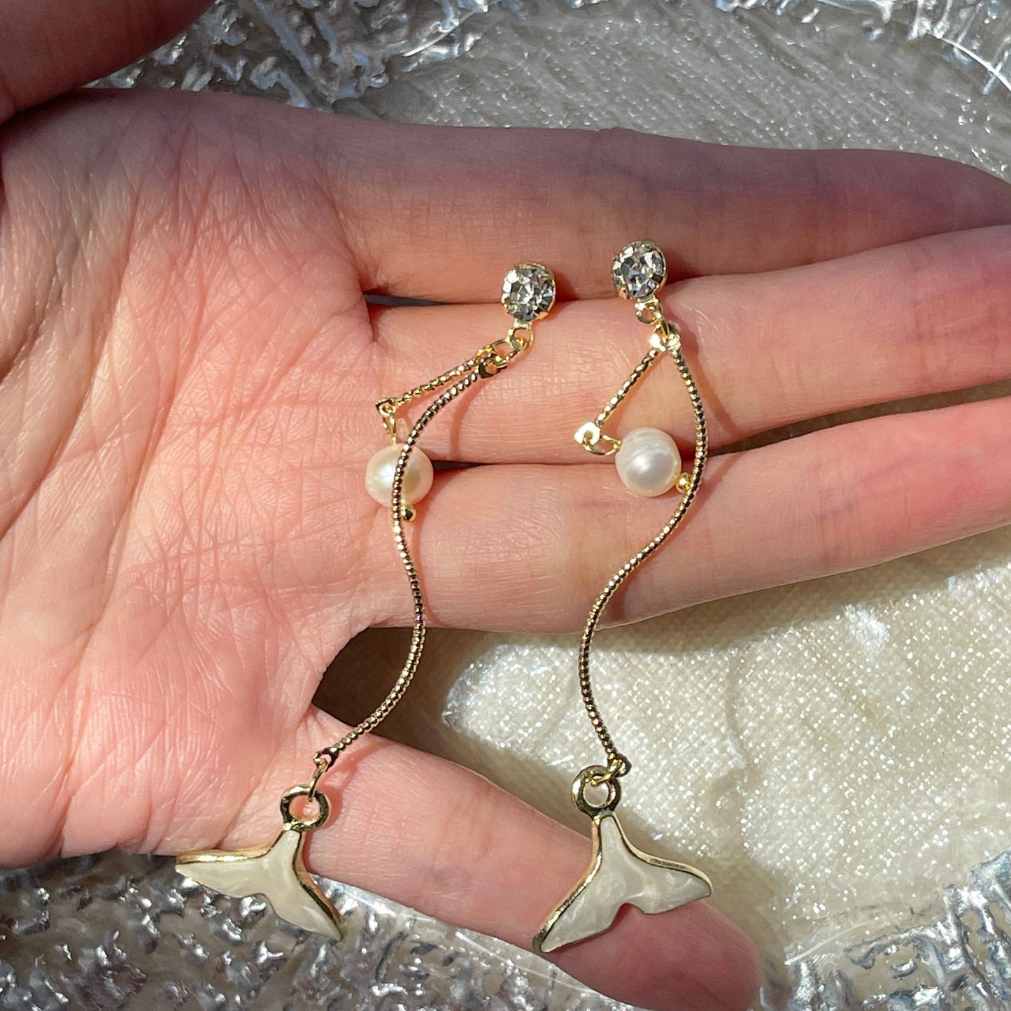 Mermaid Tail Earrings, Natural Pearl Earrings, Gold Spiral Dangle, Rhinestone Earrings, Ocean Creature Earrings, Mermaid Earrings, Nautical
