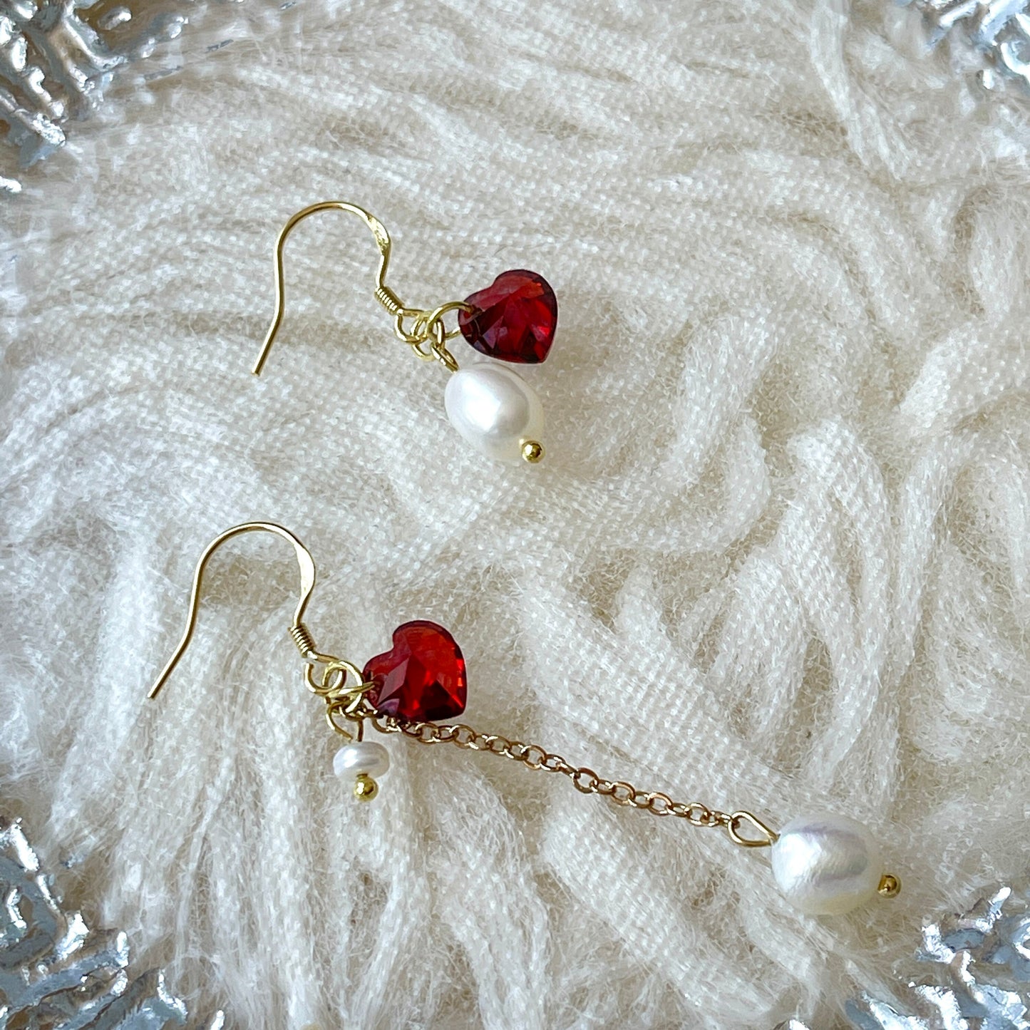 Handmade Romantic Red Ruby Heart Earrings - Mismatched Natural Pearl Drop Earrings