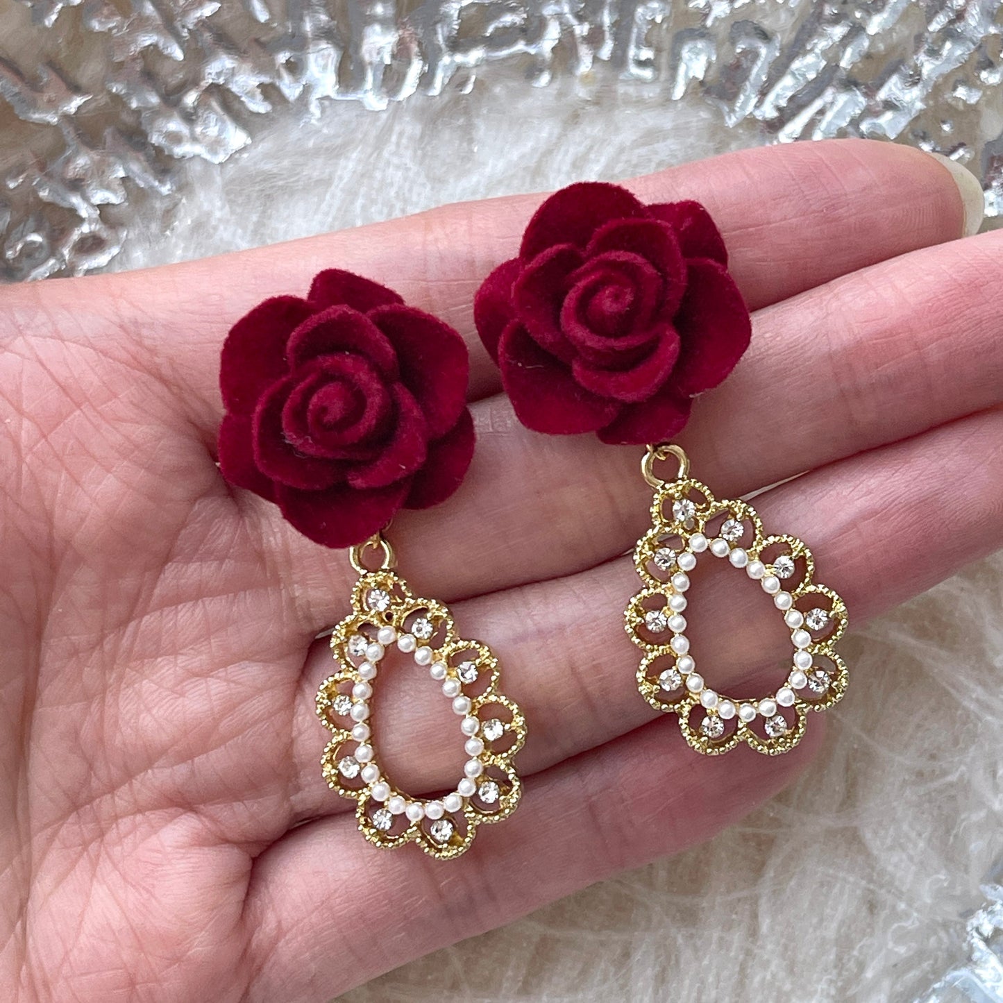 Beauty and the Beast Princess Earrings - Victorian Romantic Red Velvet Rose Earrings