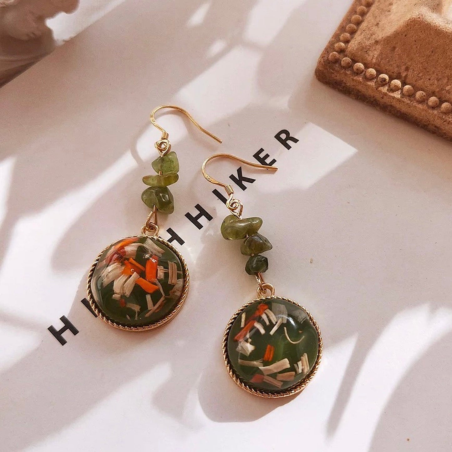 Dry Pressed Botanical Earrings - Gold Foil Leaf Round Dome Drop Earrings