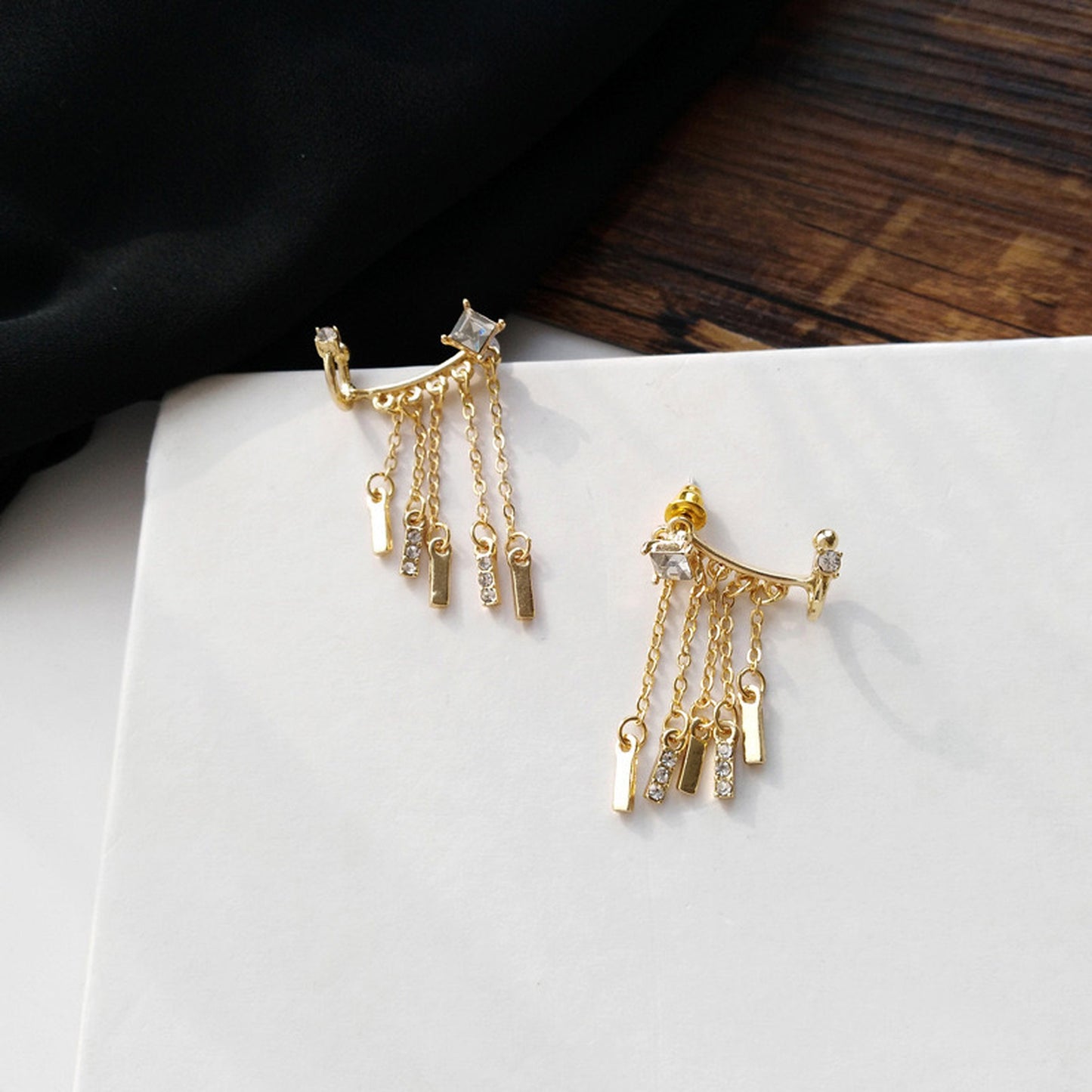 Gold fringe tassel earrings, Dangly conch ear cuff, Rhinestone ear climber crawler, Minimalist ear cuff, Boho bridesmaid wedding earrings