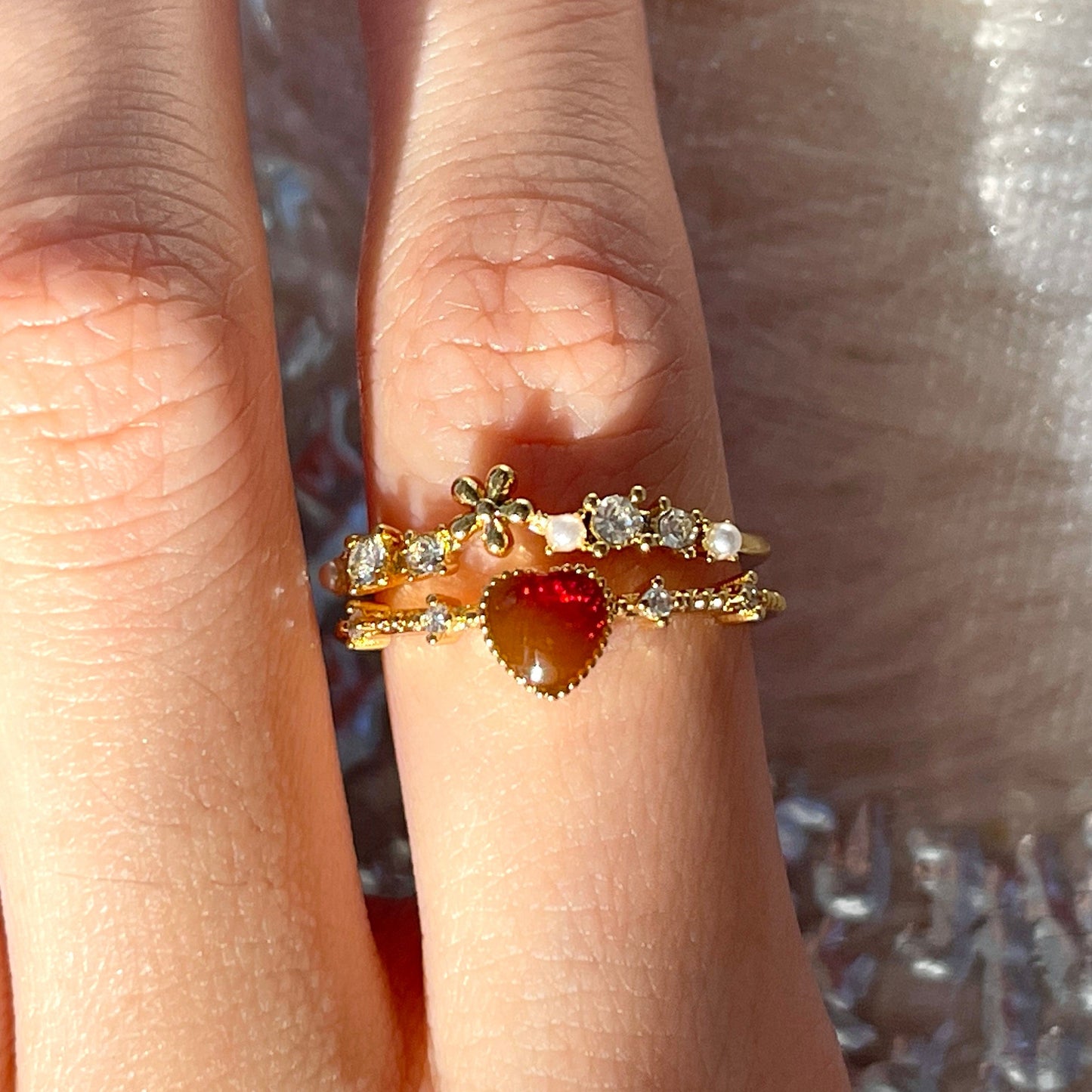 Red Heart Y2K Stacking Ring - Dainty Cute Double Layer Gold Lace Ring