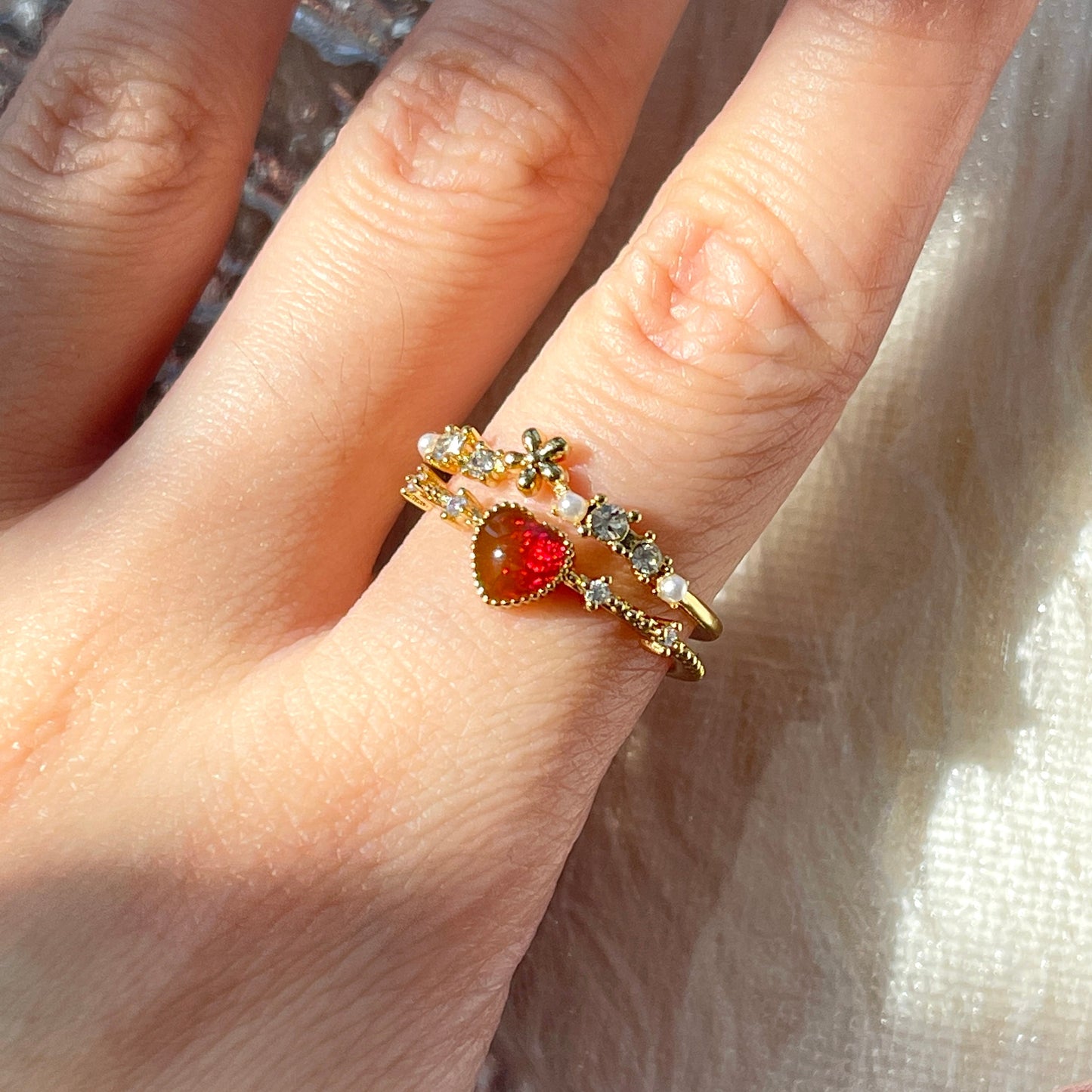 Red Heart Y2K Stacking Ring - Dainty Cute Double Layer Gold Lace Ring
