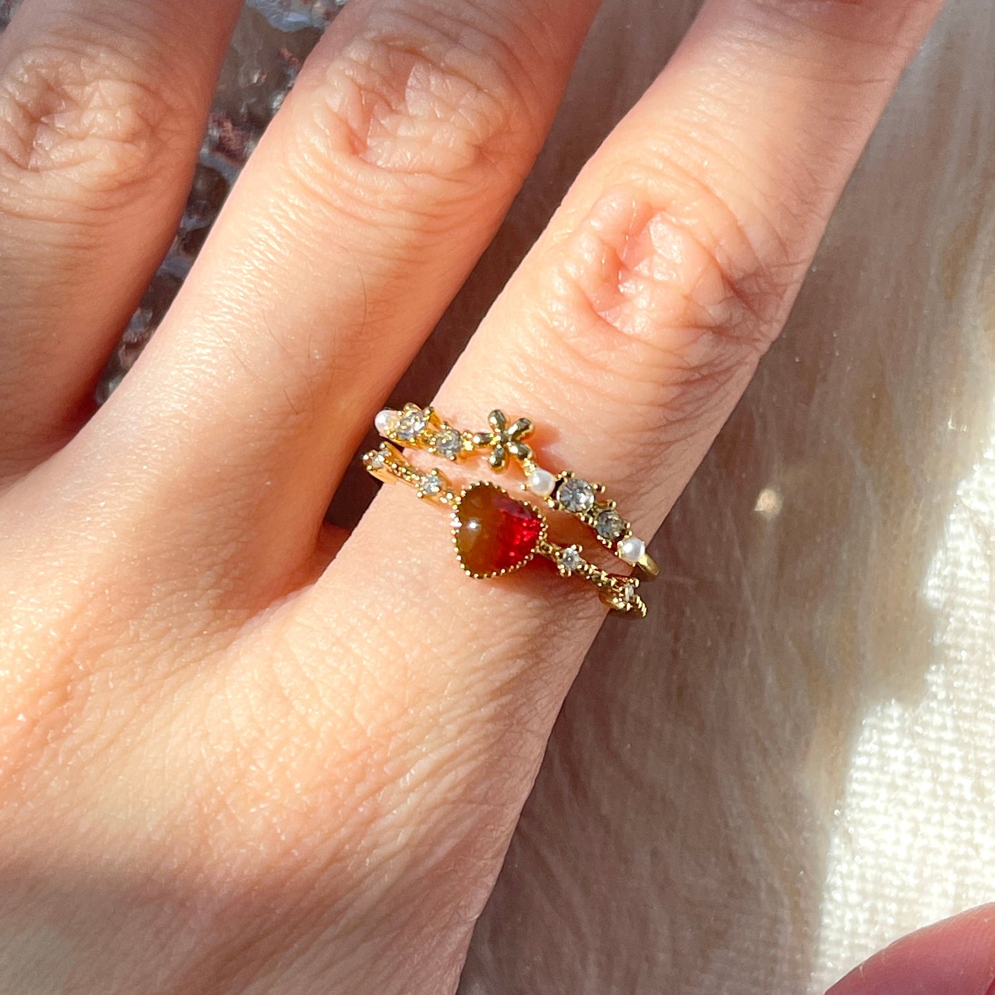 Red Heart Y2K Stacking Ring - Dainty Cute Double Layer Gold Lace Ring