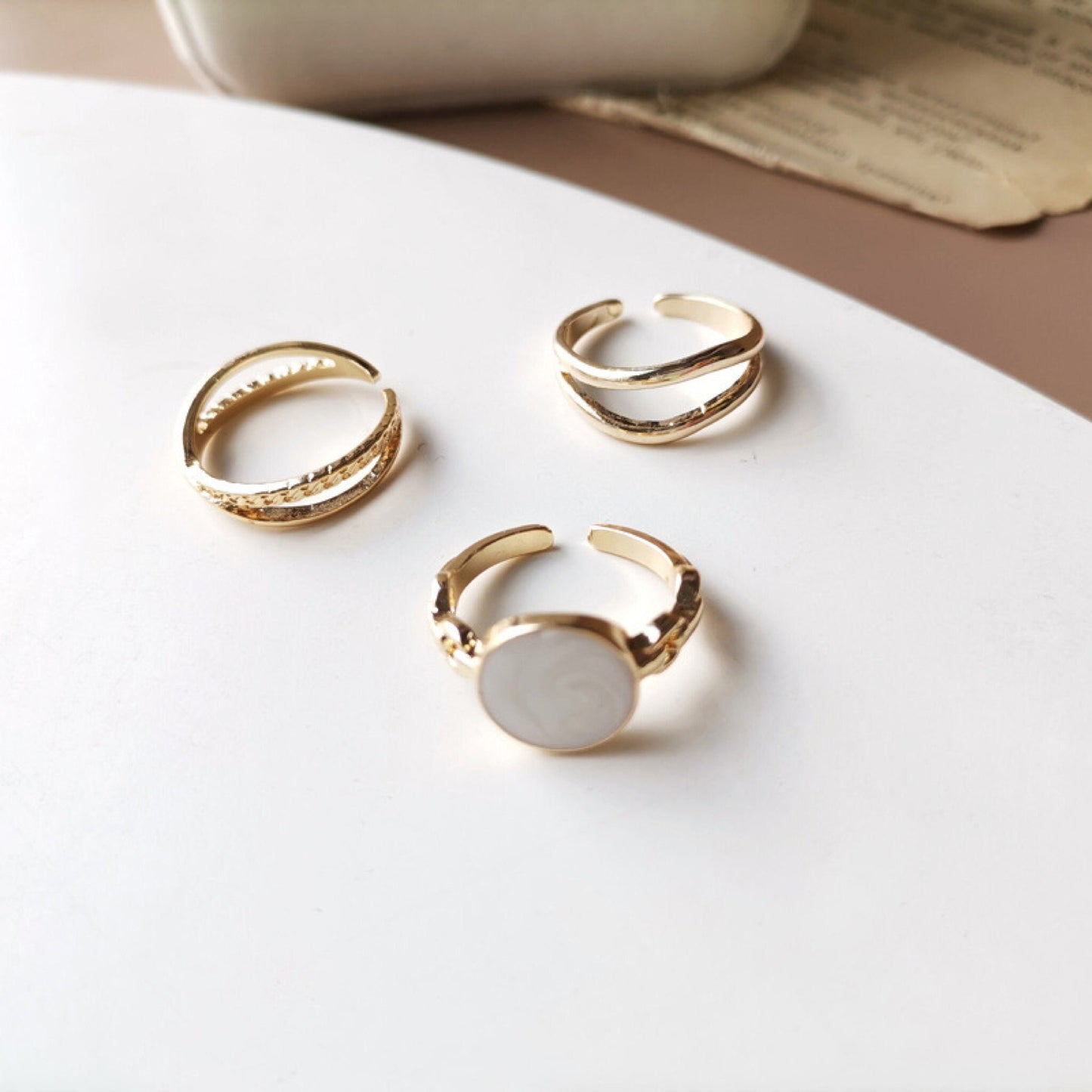 Gold stacking ring set, white enamel glaze ring, twist vine ring, modern minimalist ring, signet ring, chunky ring, everyday ring, open ring